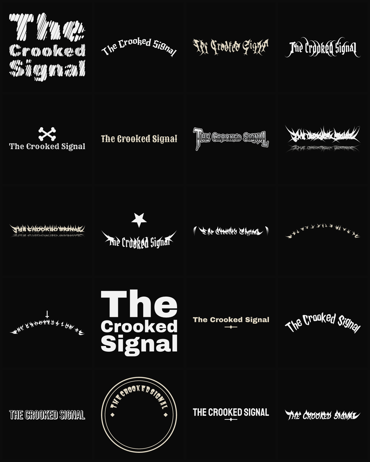 Twenty The Crooked Signal band logo ideas — different faces, treatments and spike settings
