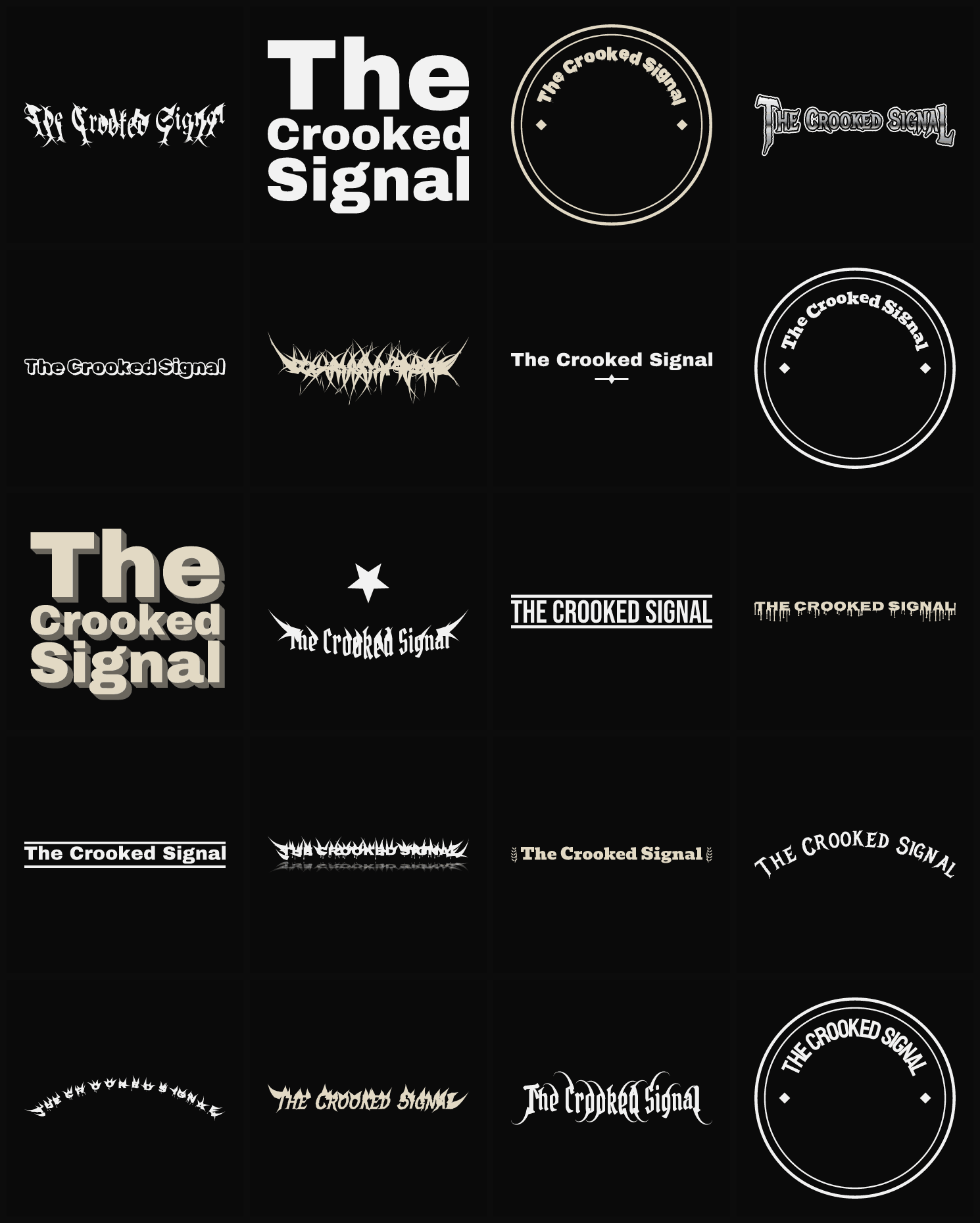 Twenty The Crooked Signal band logo ideas — different faces, treatments and spike settings