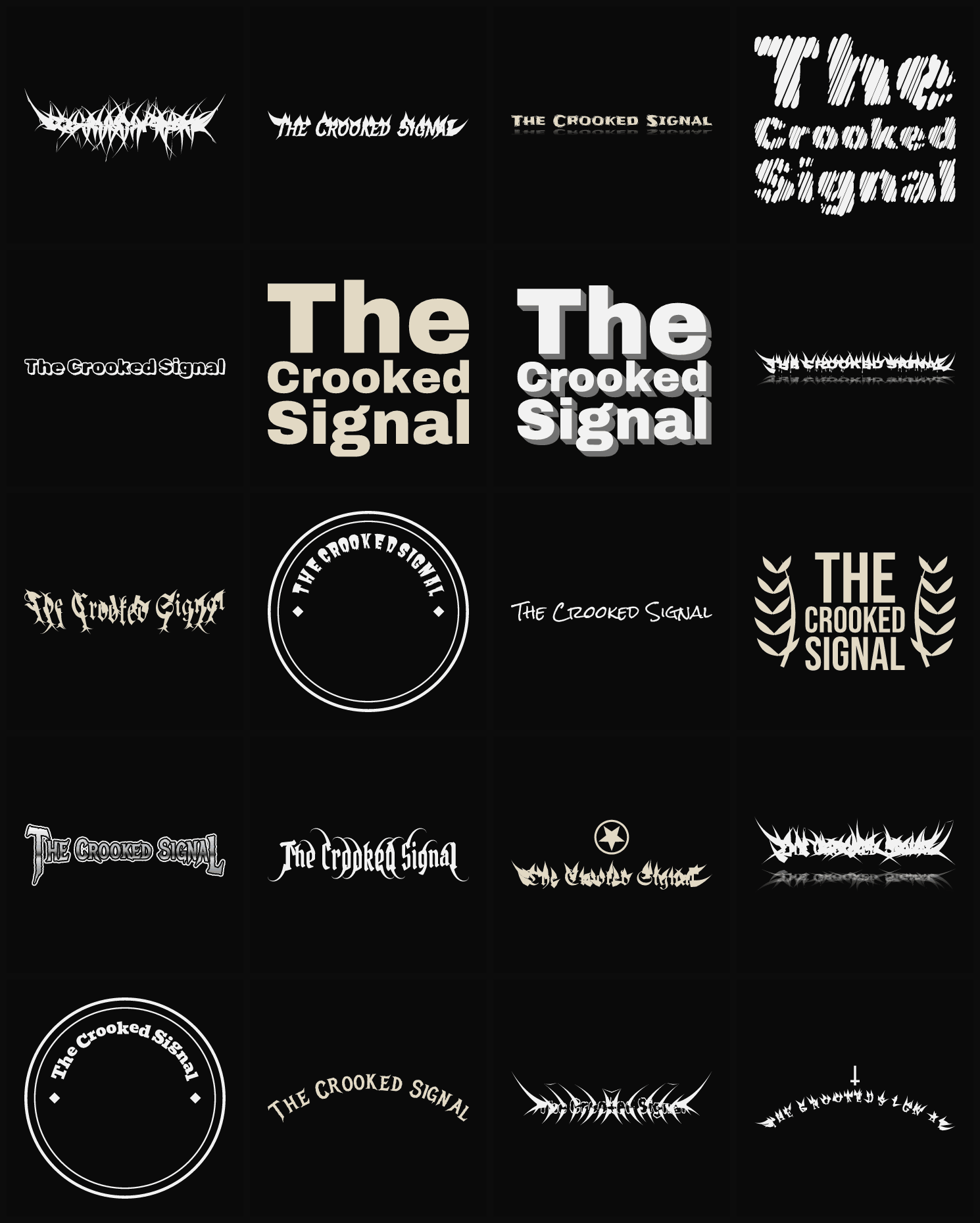Twenty The Crooked Signal band logo ideas — different faces, treatments and spike settings