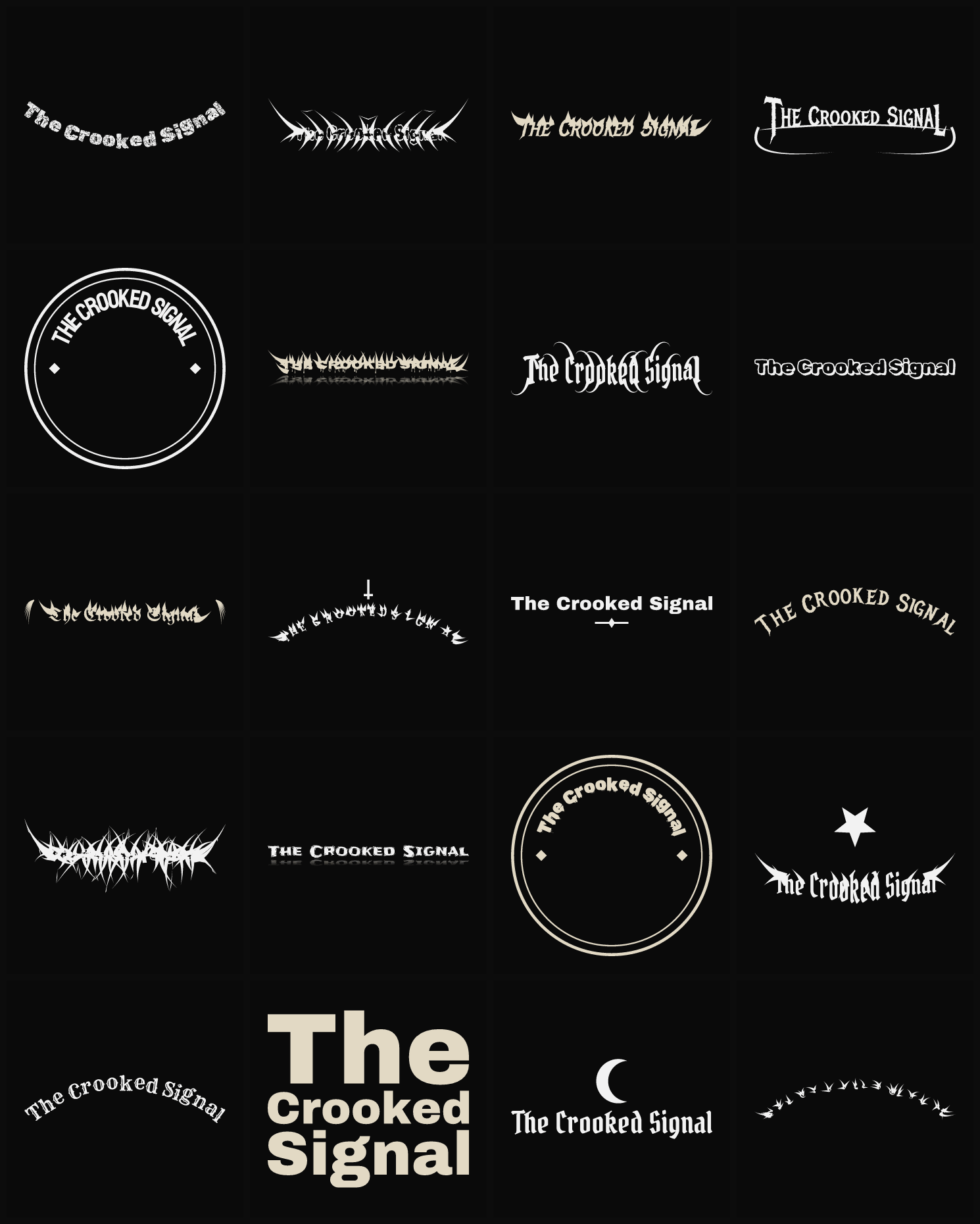 Twenty The Crooked Signal band logo ideas — different faces, treatments and spike settings