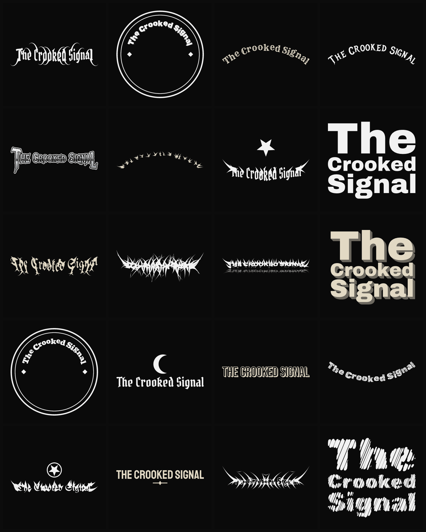 Twenty The Crooked Signal band logo ideas — different faces, treatments and spike settings