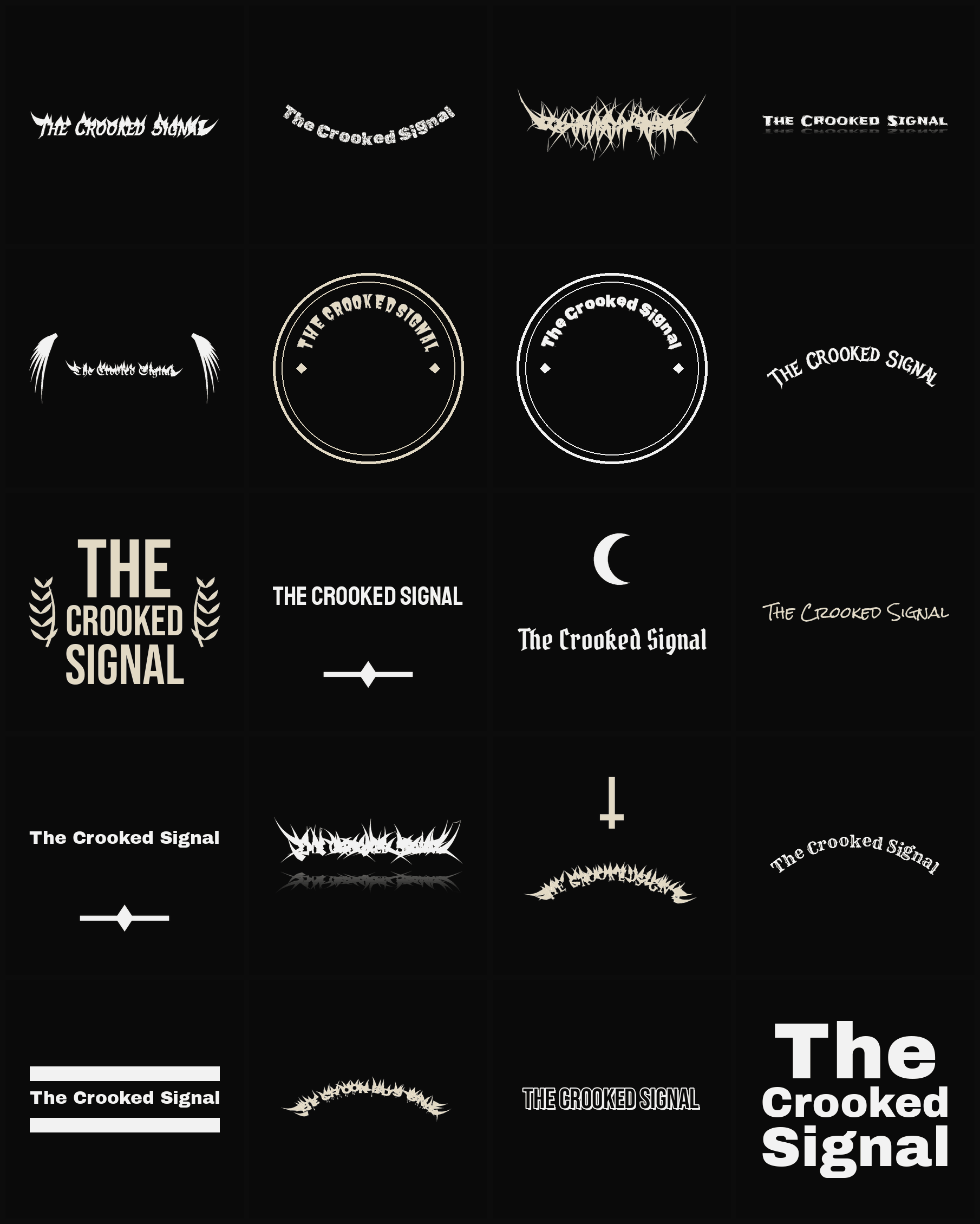 Twenty The Crooked Signal band logo ideas — different faces, treatments and spike settings