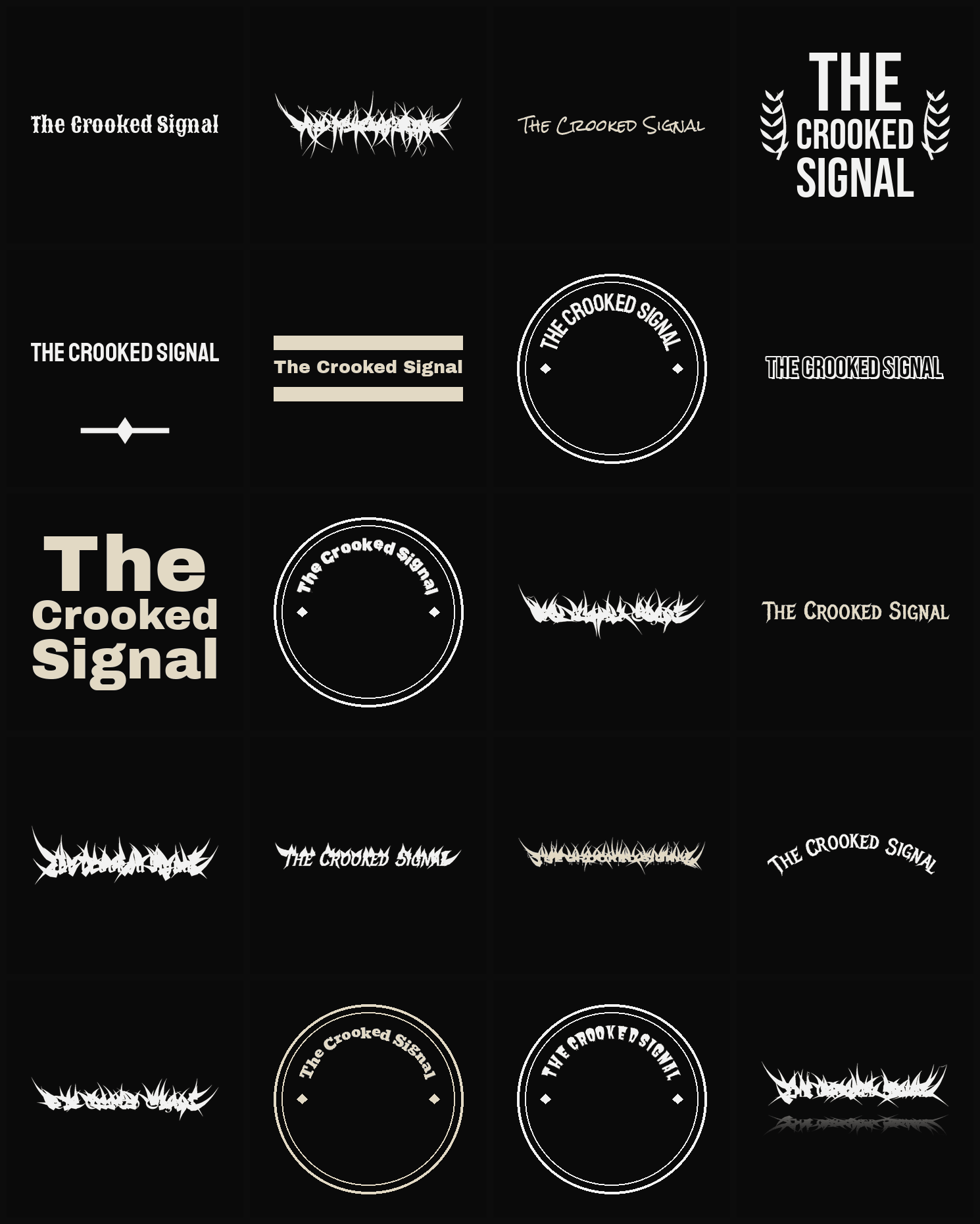 Twenty The Crooked Signal band logo ideas — different faces, treatments and spike settings