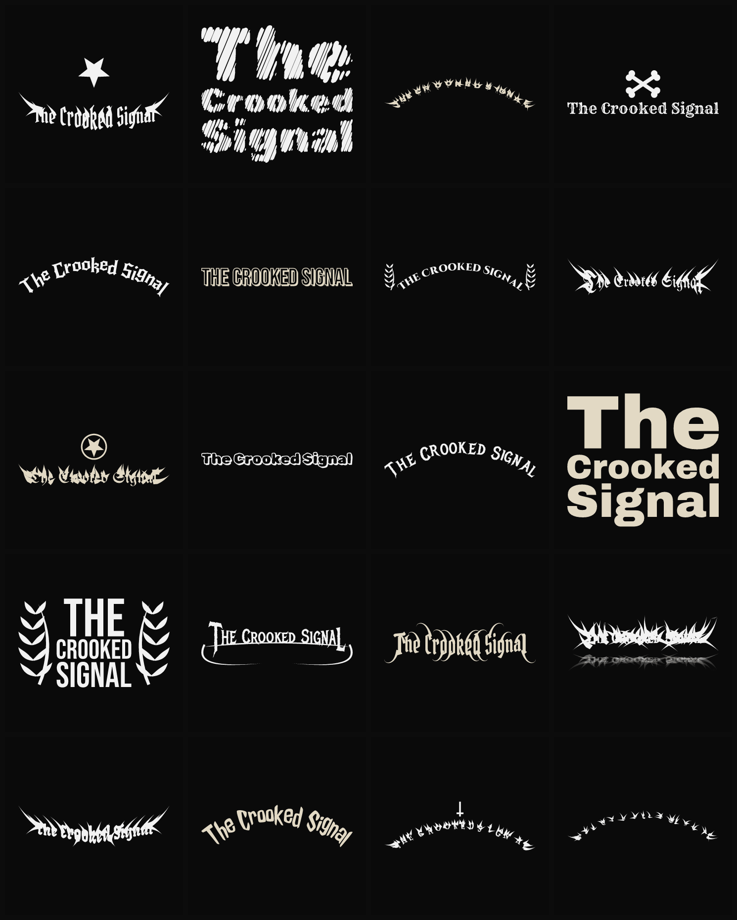 Twenty The Crooked Signal band logo ideas — different faces, treatments and spike settings
