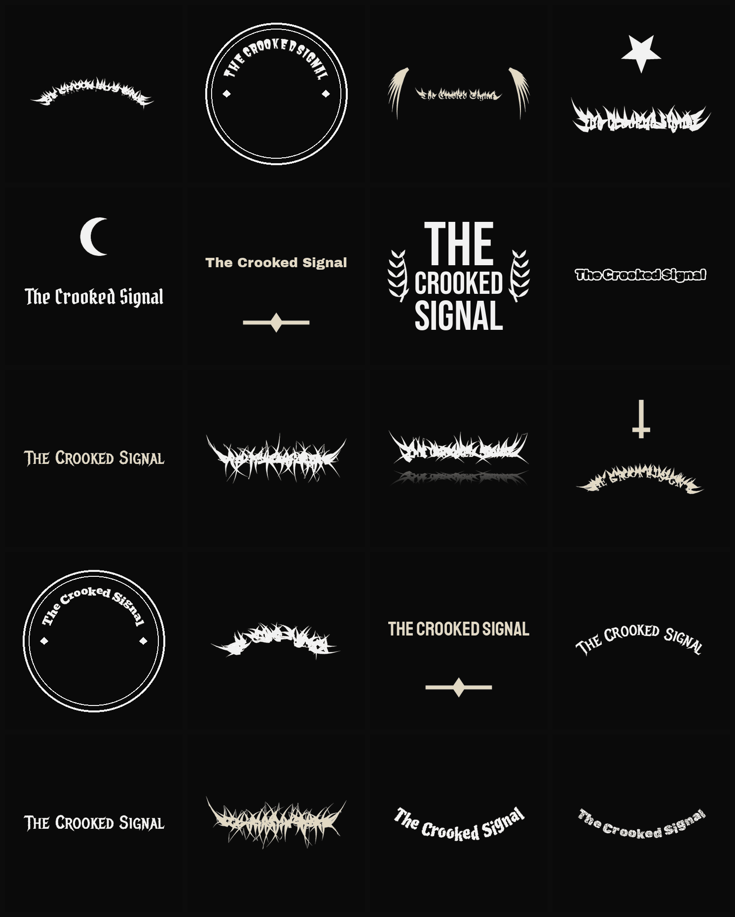 Twenty The Crooked Signal band logo ideas — different faces, treatments and spike settings