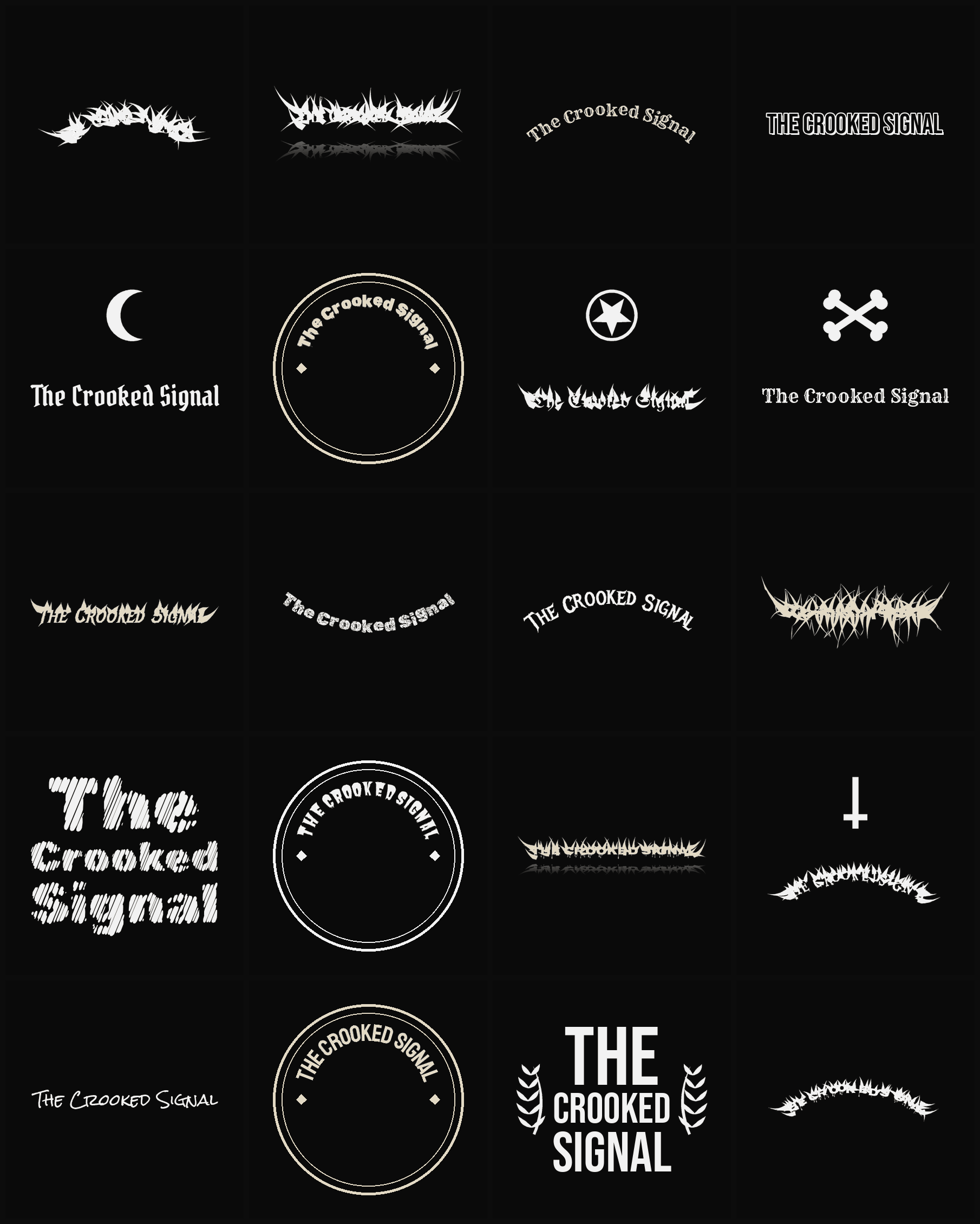 Twenty The Crooked Signal band logo ideas — different faces, treatments and spike settings