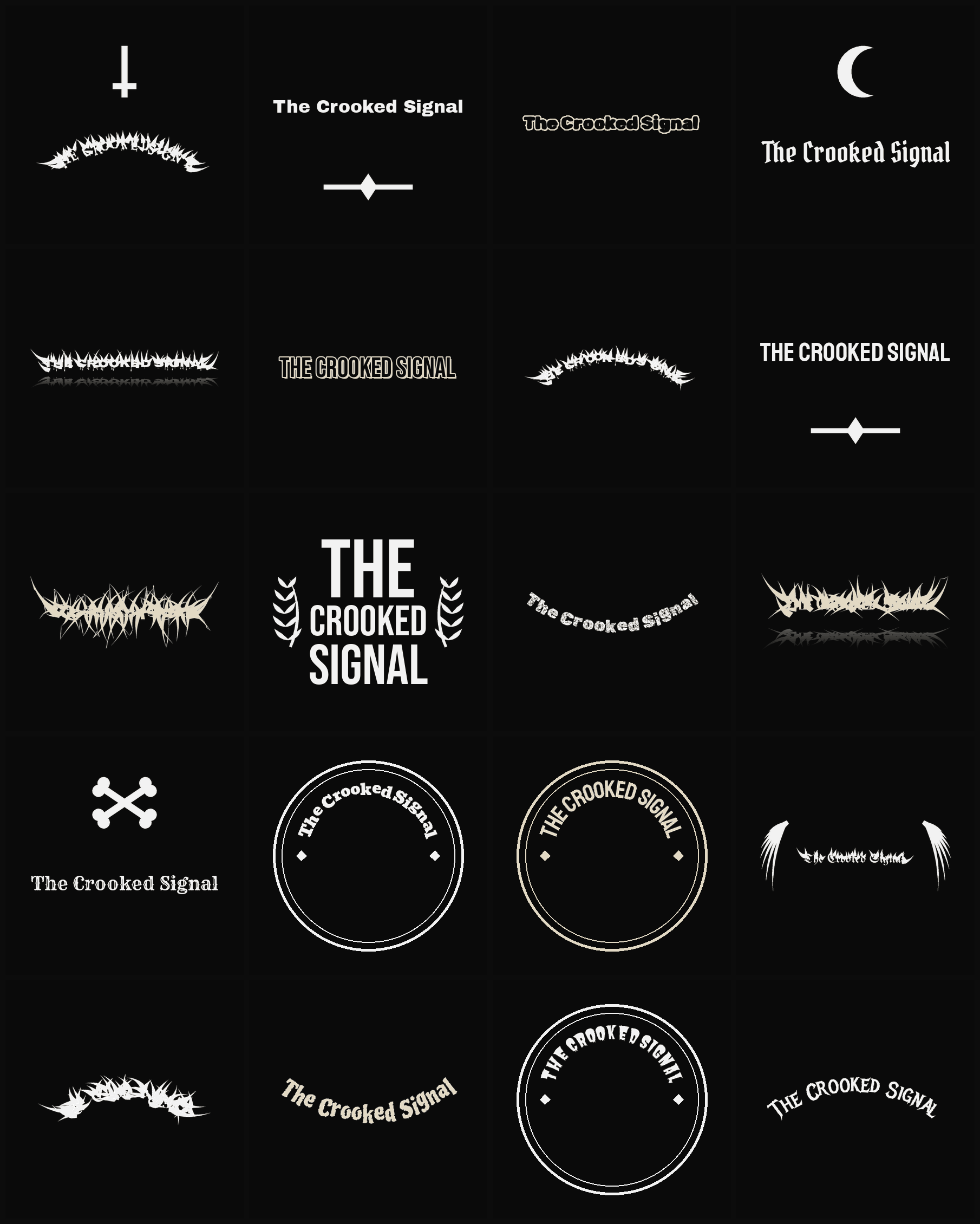 Twenty The Crooked Signal band logo ideas — different faces, treatments and spike settings
