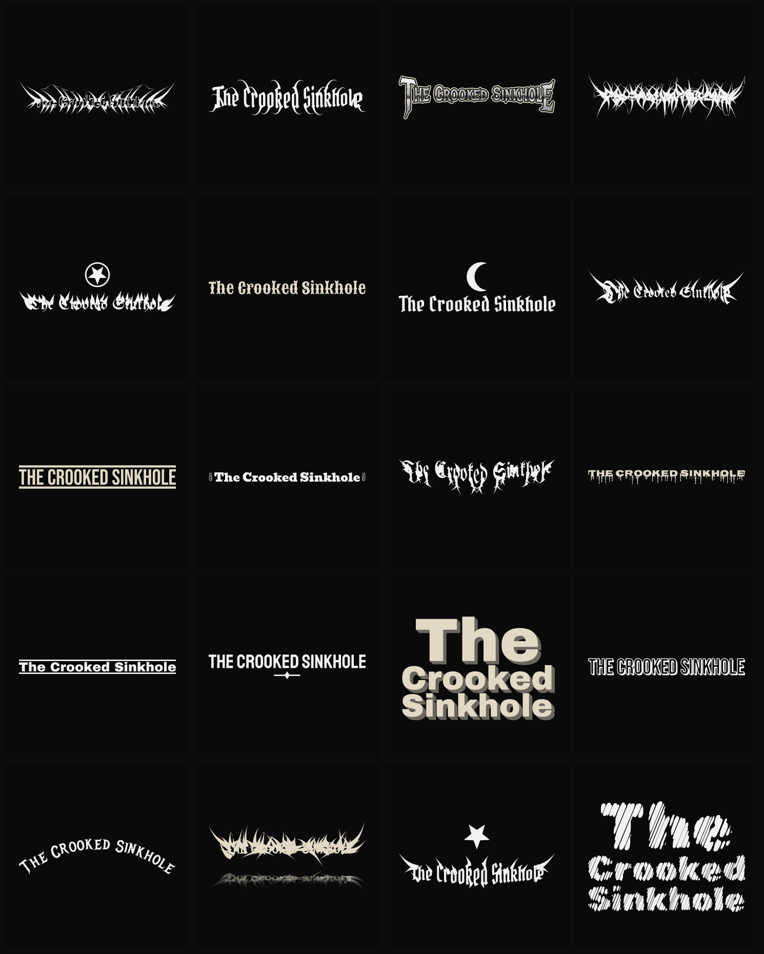 Twenty The Crooked Sinkhole band logo ideas — different faces, treatments and spike settings