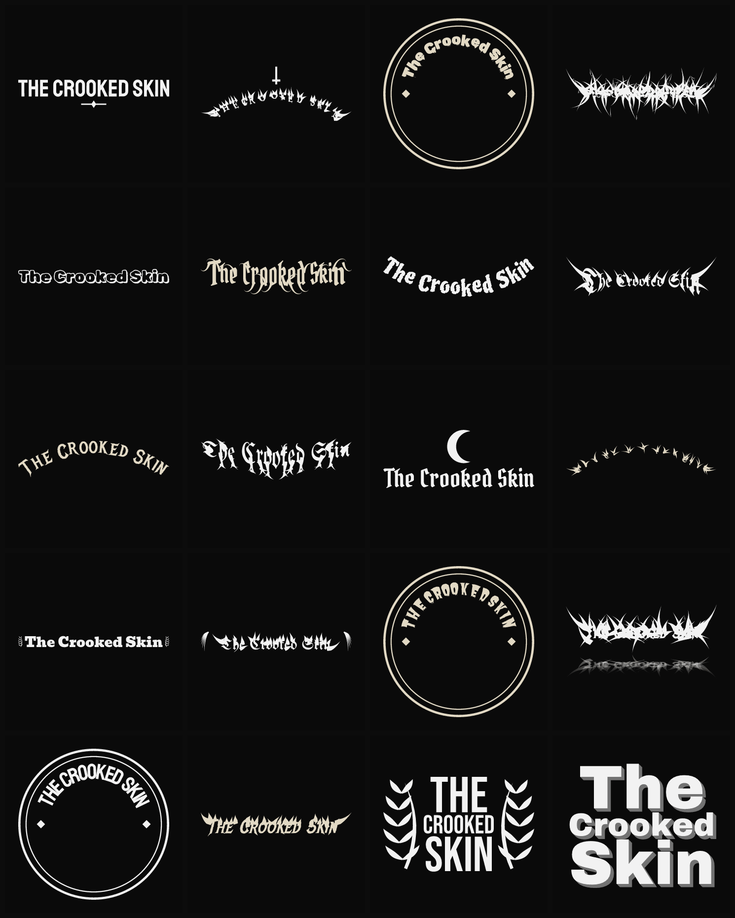Twenty The Crooked Skin band logo ideas — different faces, treatments and spike settings
