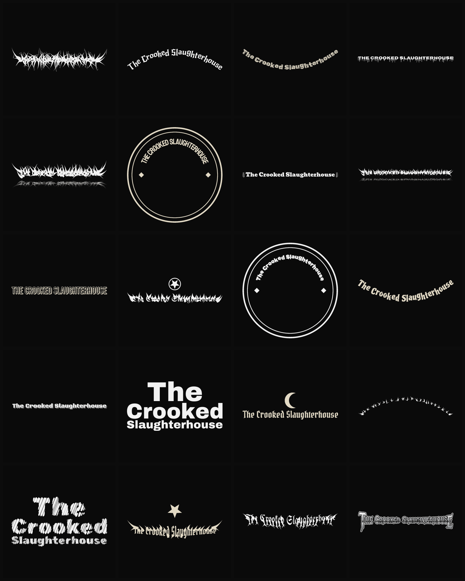 Twenty The Crooked Slaughterhouse band logo ideas — different faces, treatments and spike settings