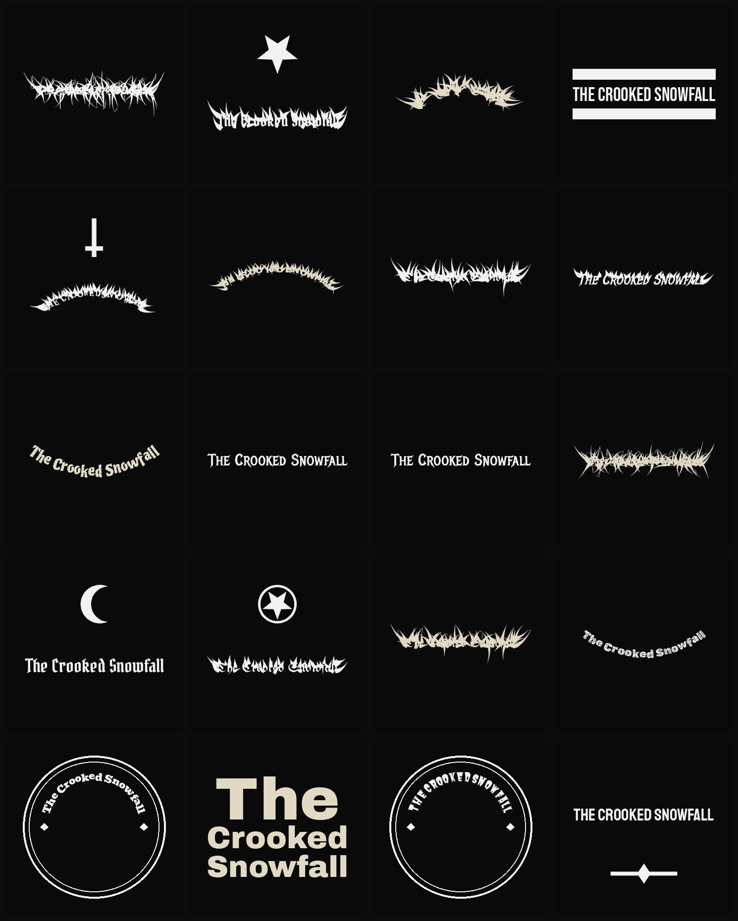 Twenty The Crooked Snowfall band logo ideas — different faces, treatments and spike settings