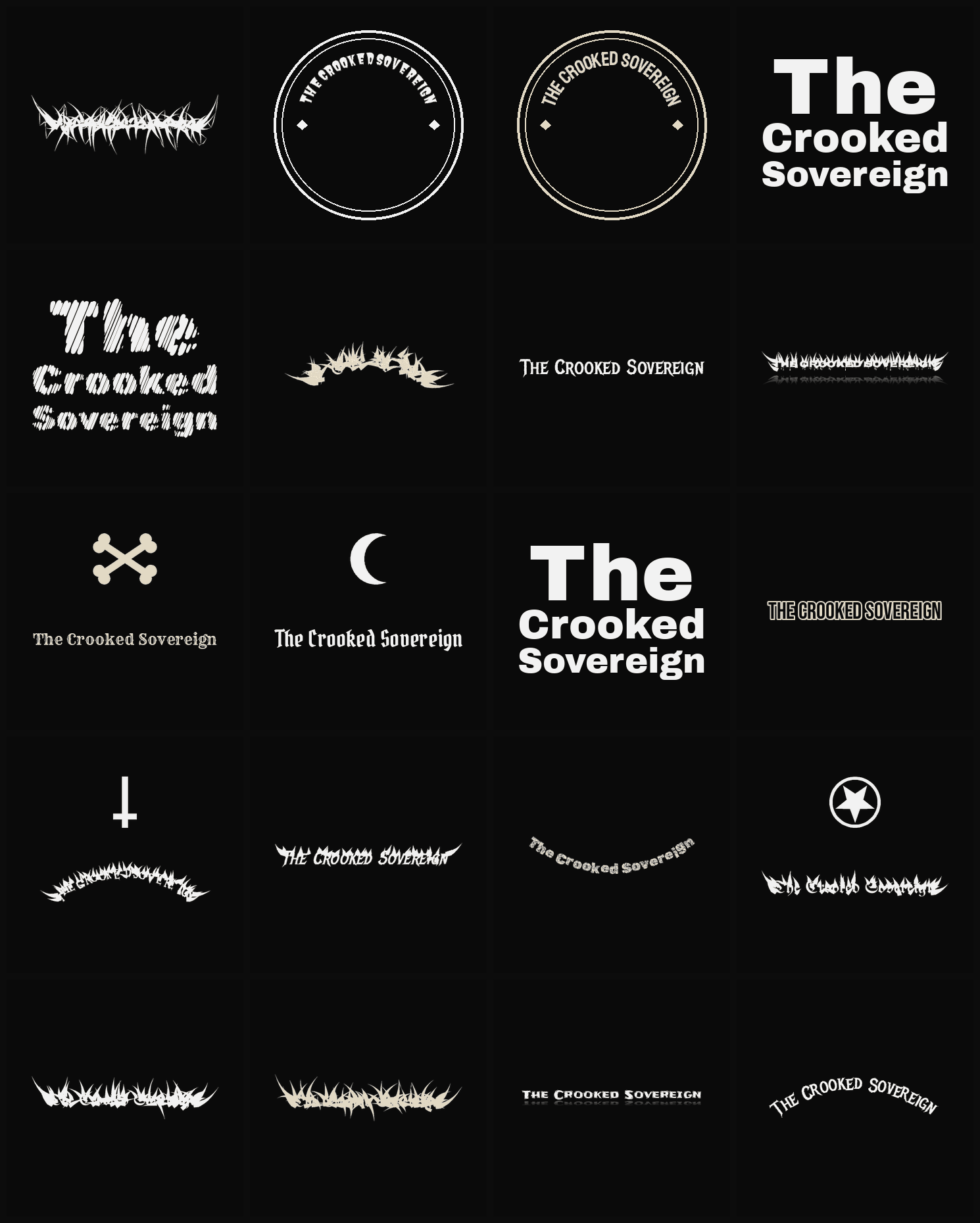 Twenty The Crooked Sovereign band logo ideas — different faces, treatments and spike settings