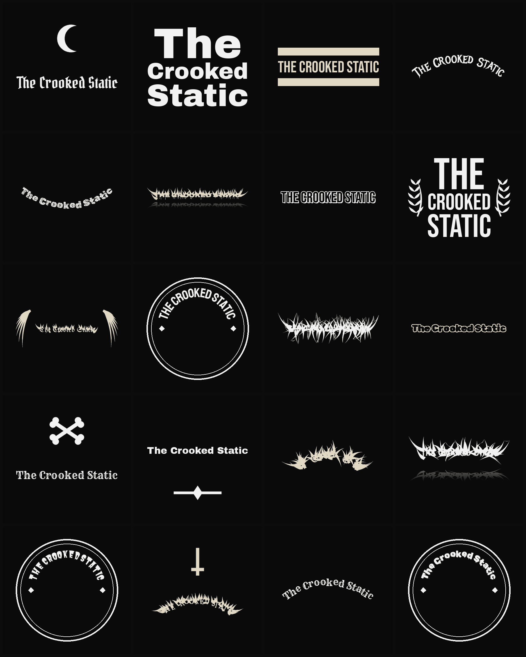 Twenty The Crooked Static band logo ideas — different faces, treatments and spike settings