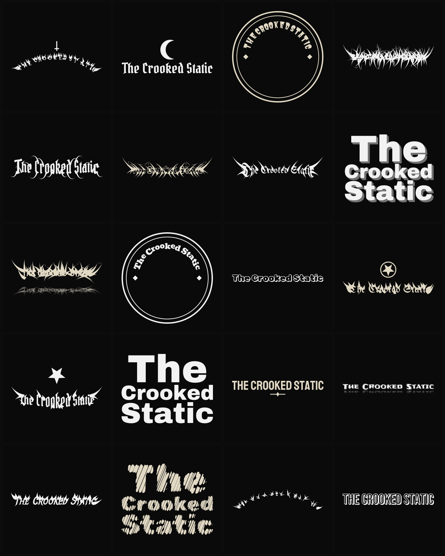 Twenty The Crooked Static band logo ideas — different faces, treatments and spike settings