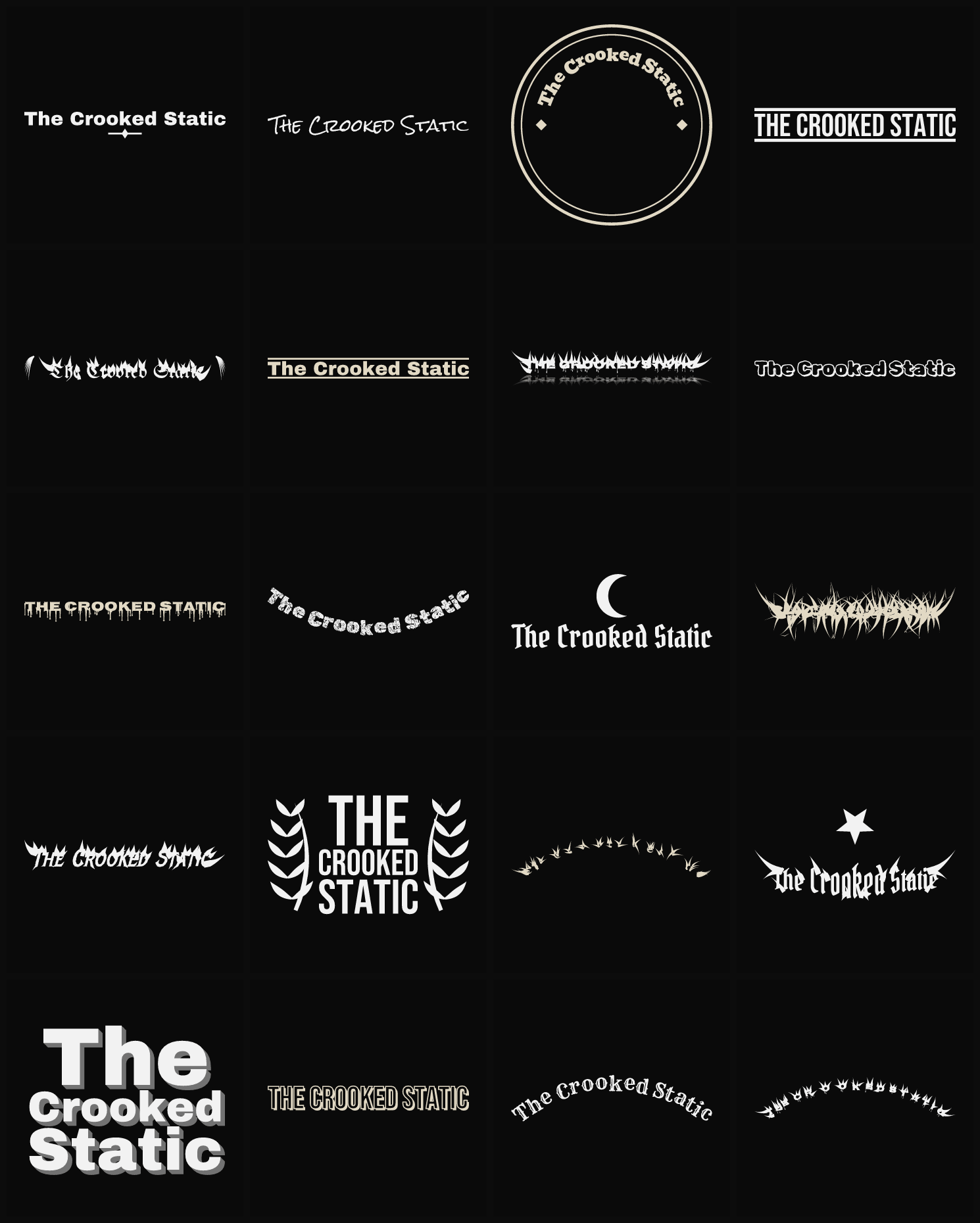 Twenty The Crooked Static band logo ideas — different faces, treatments and spike settings