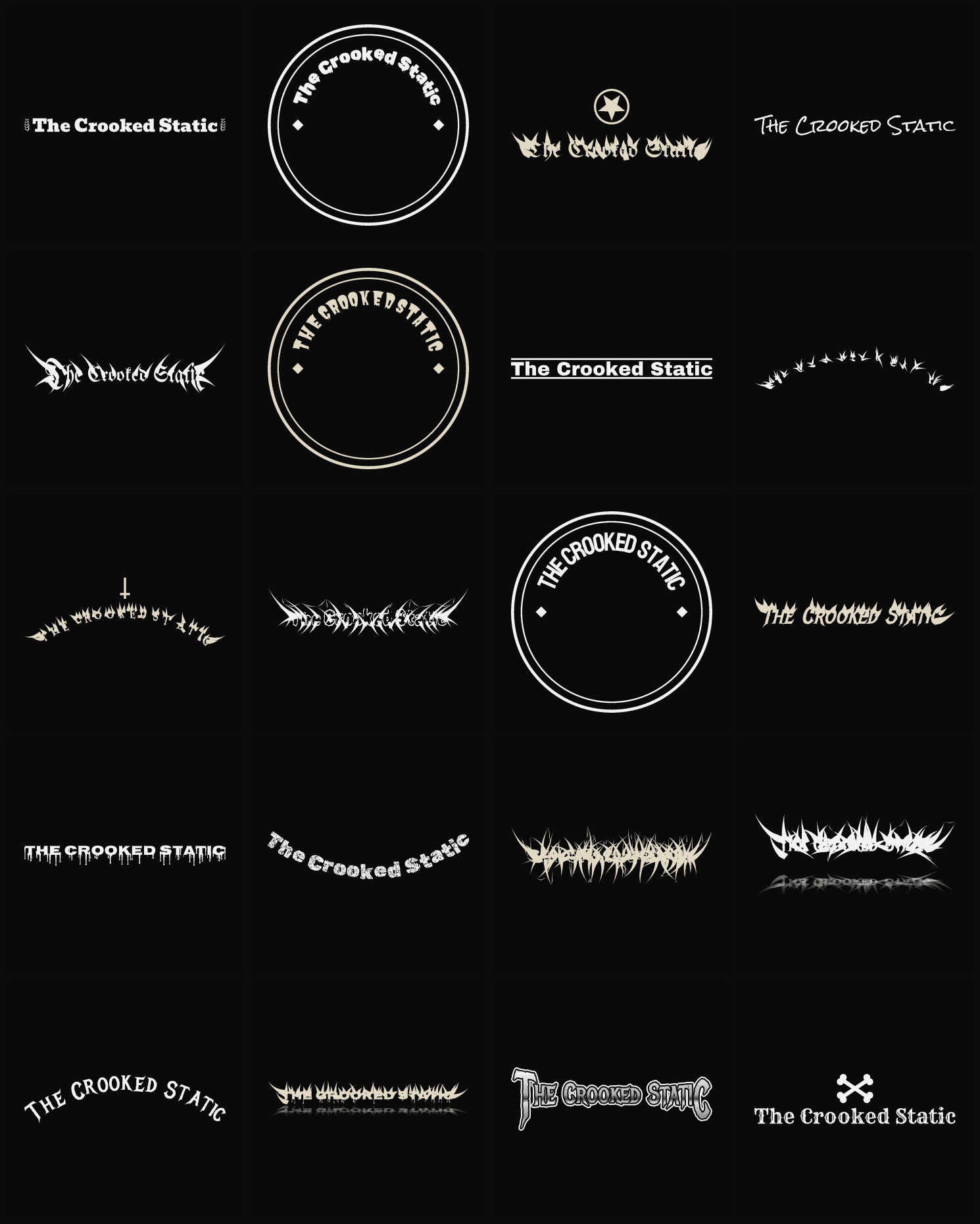 Twenty The Crooked Static band logo ideas — different faces, treatments and spike settings