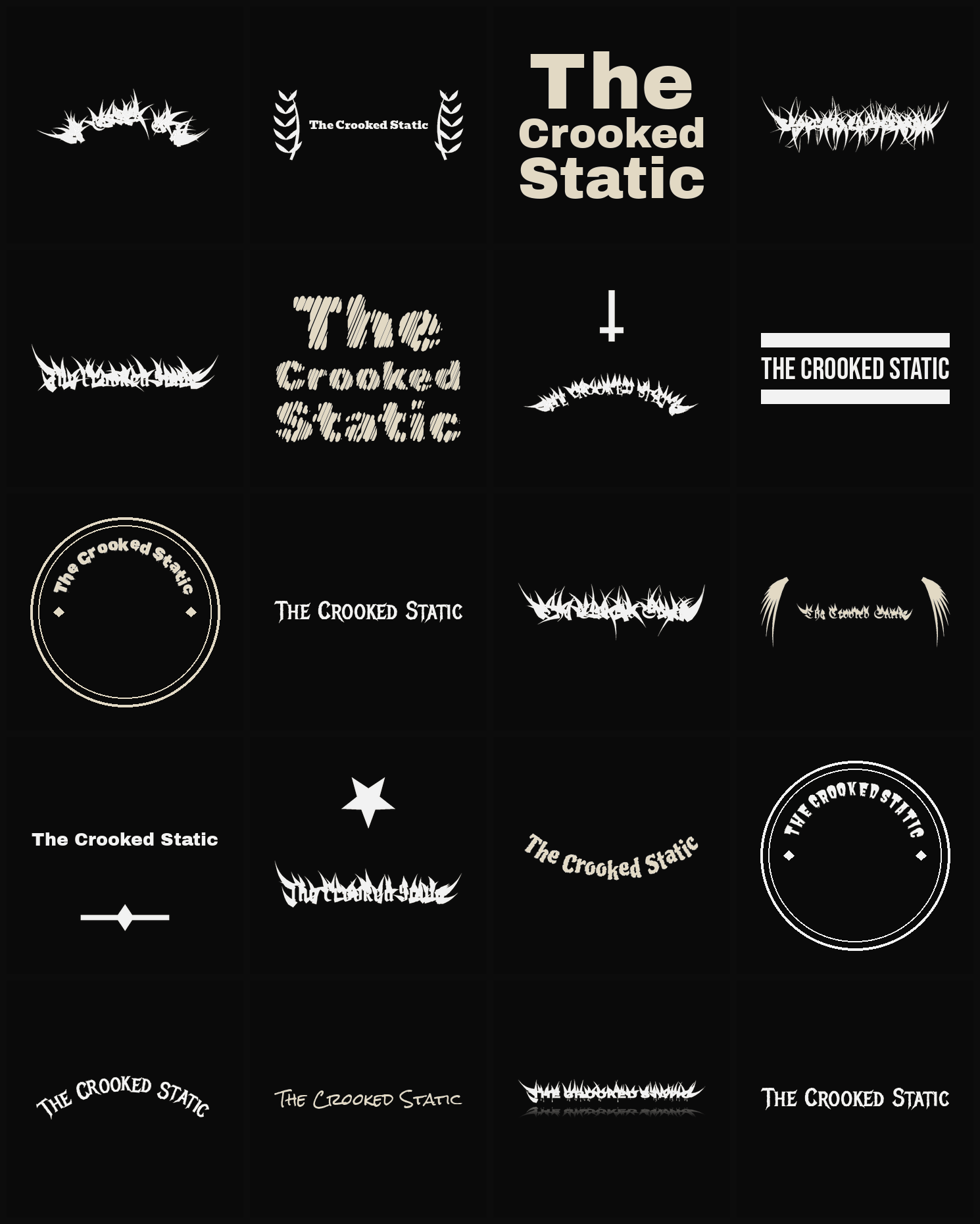 Twenty The Crooked Static band logo ideas — different faces, treatments and spike settings