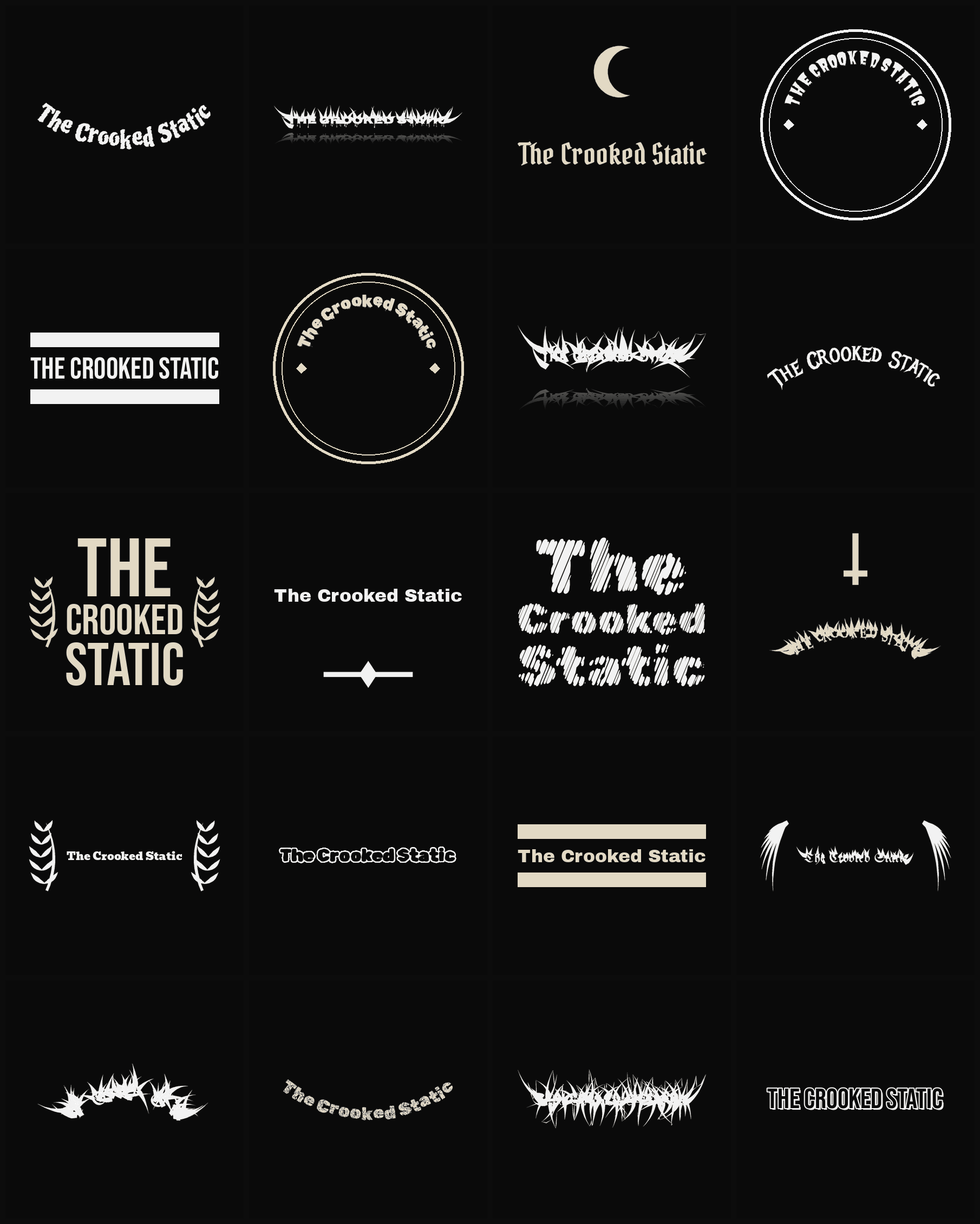 Twenty The Crooked Static band logo ideas — different faces, treatments and spike settings