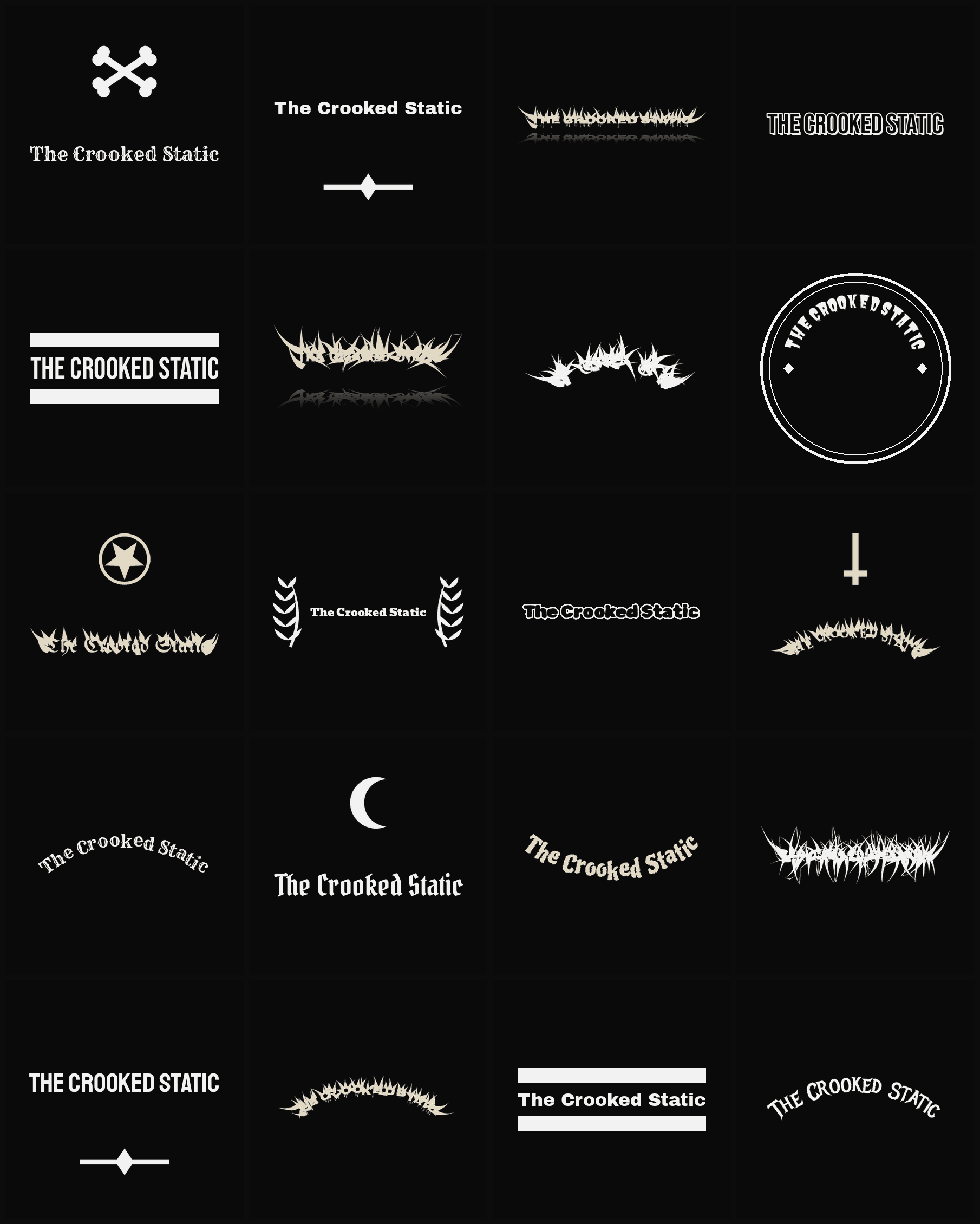 Twenty The Crooked Static band logo ideas — different faces, treatments and spike settings