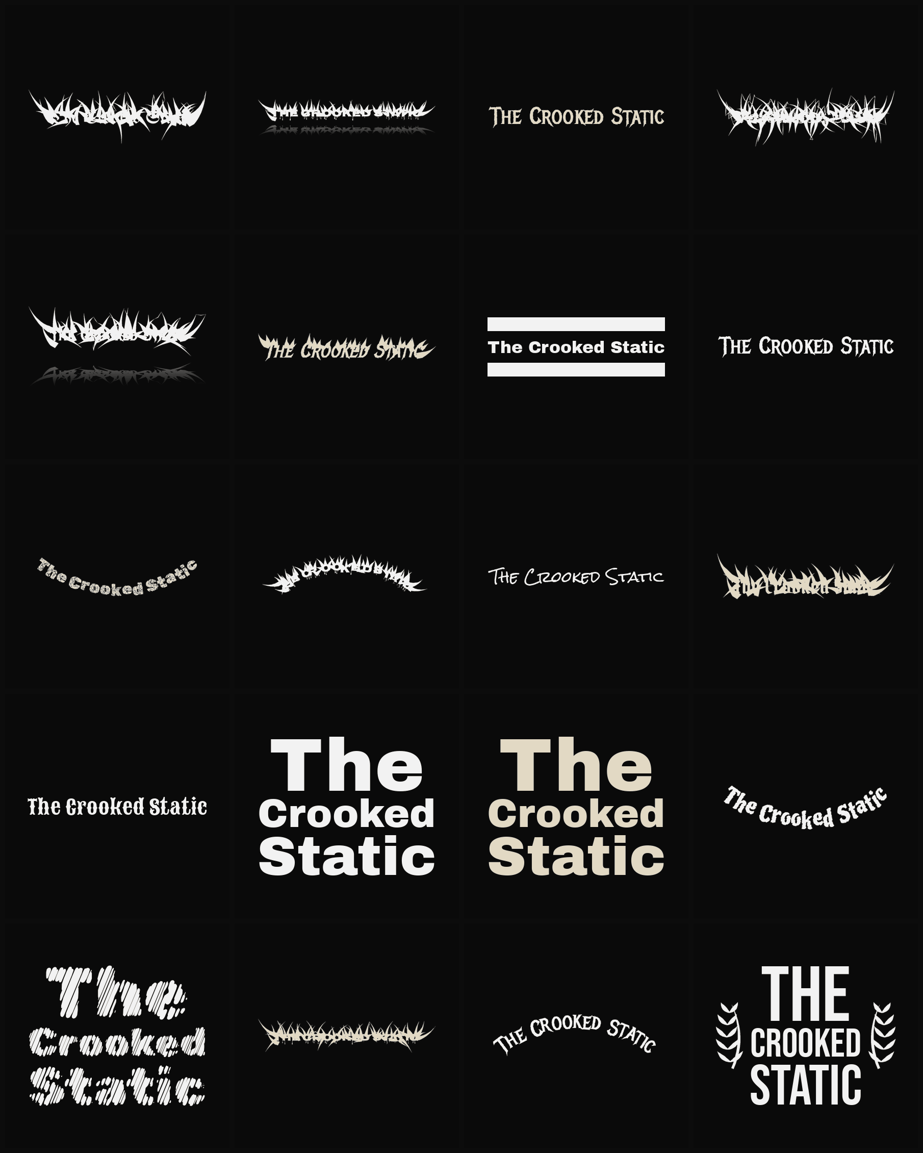 Twenty The Crooked Static band logo ideas — different faces, treatments and spike settings