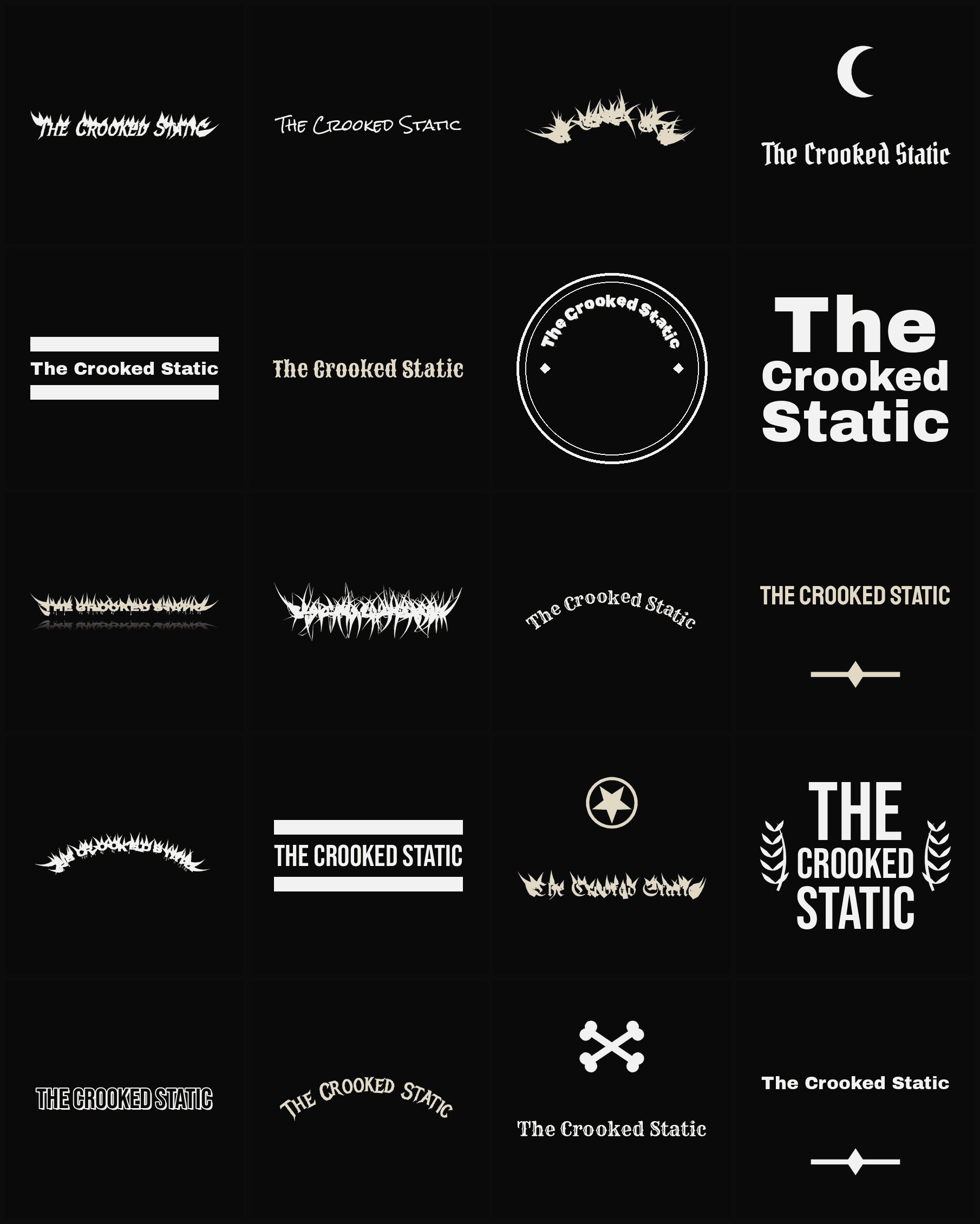 Twenty The Crooked Static band logo ideas — different faces, treatments and spike settings