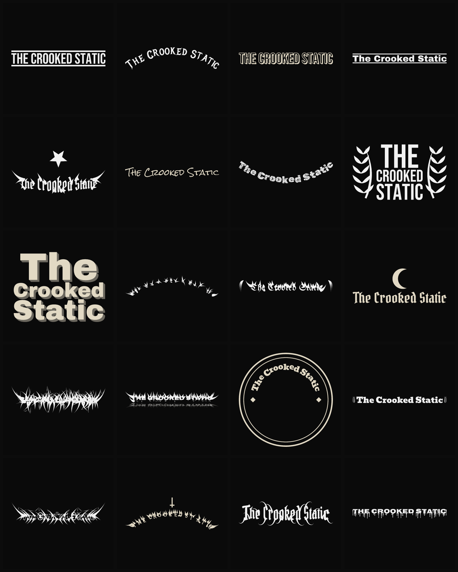 Twenty The Crooked Static band logo ideas — different faces, treatments and spike settings