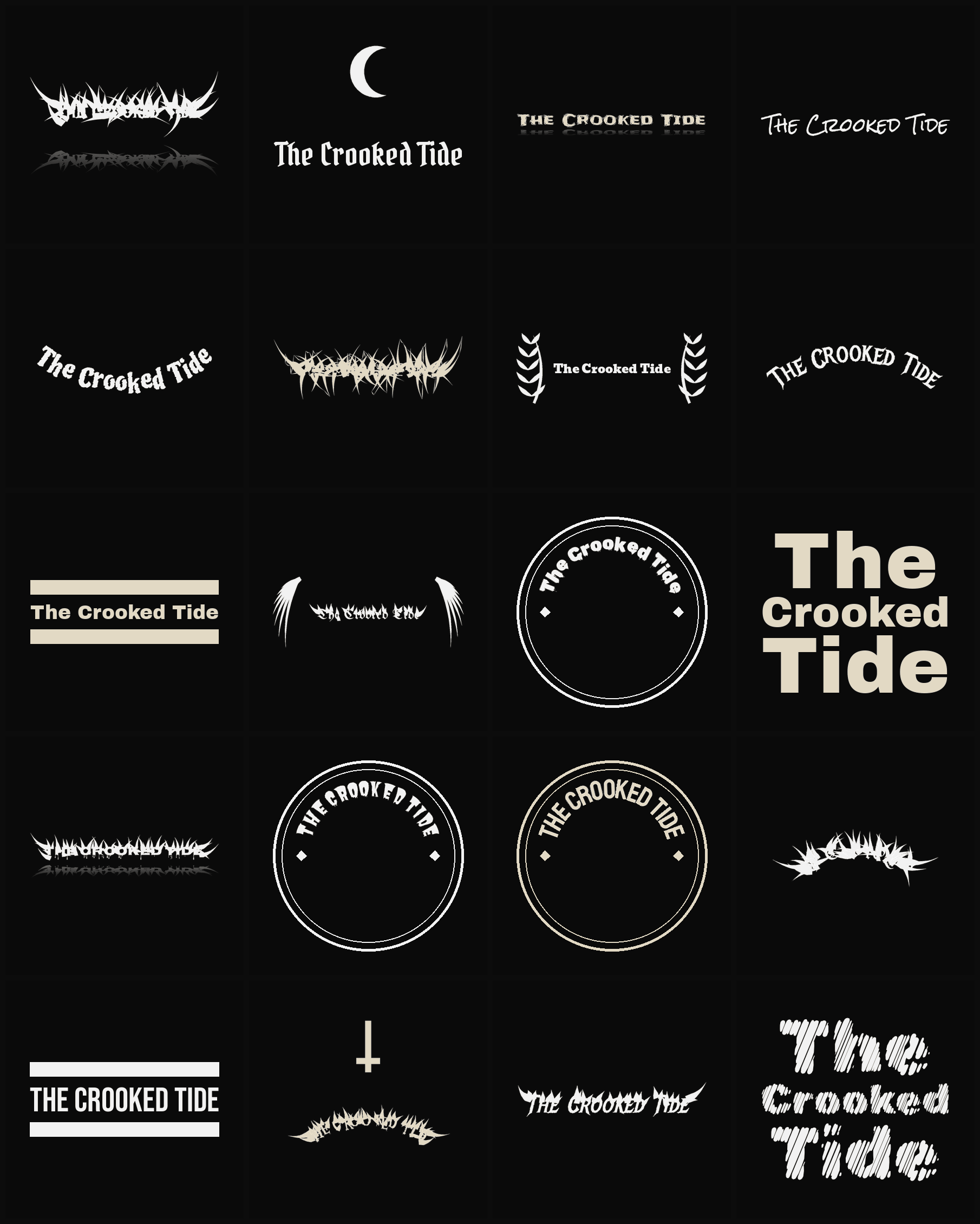 Twenty The Crooked Tide band logo ideas — different faces, treatments and spike settings