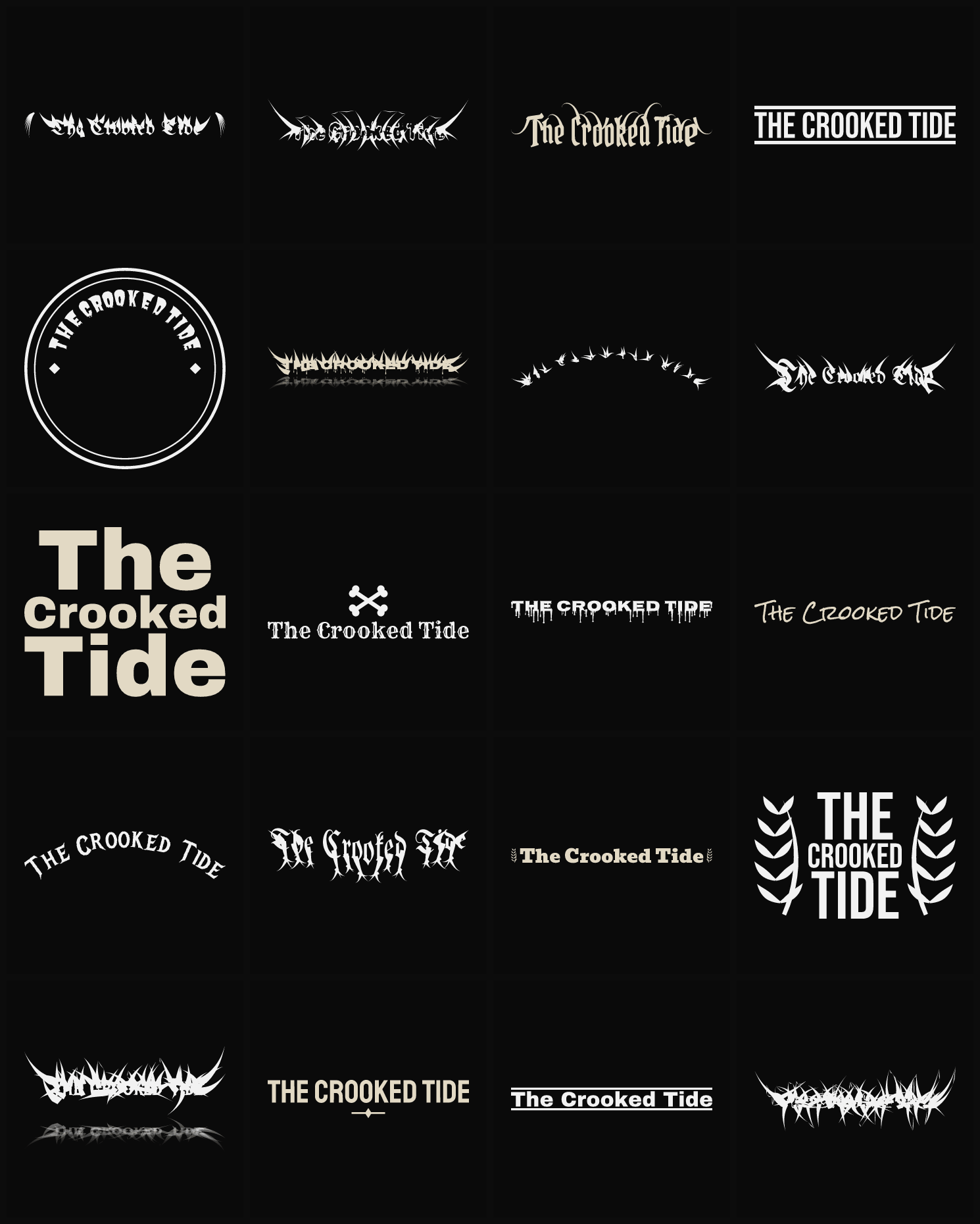 Twenty The Crooked Tide band logo ideas — different faces, treatments and spike settings