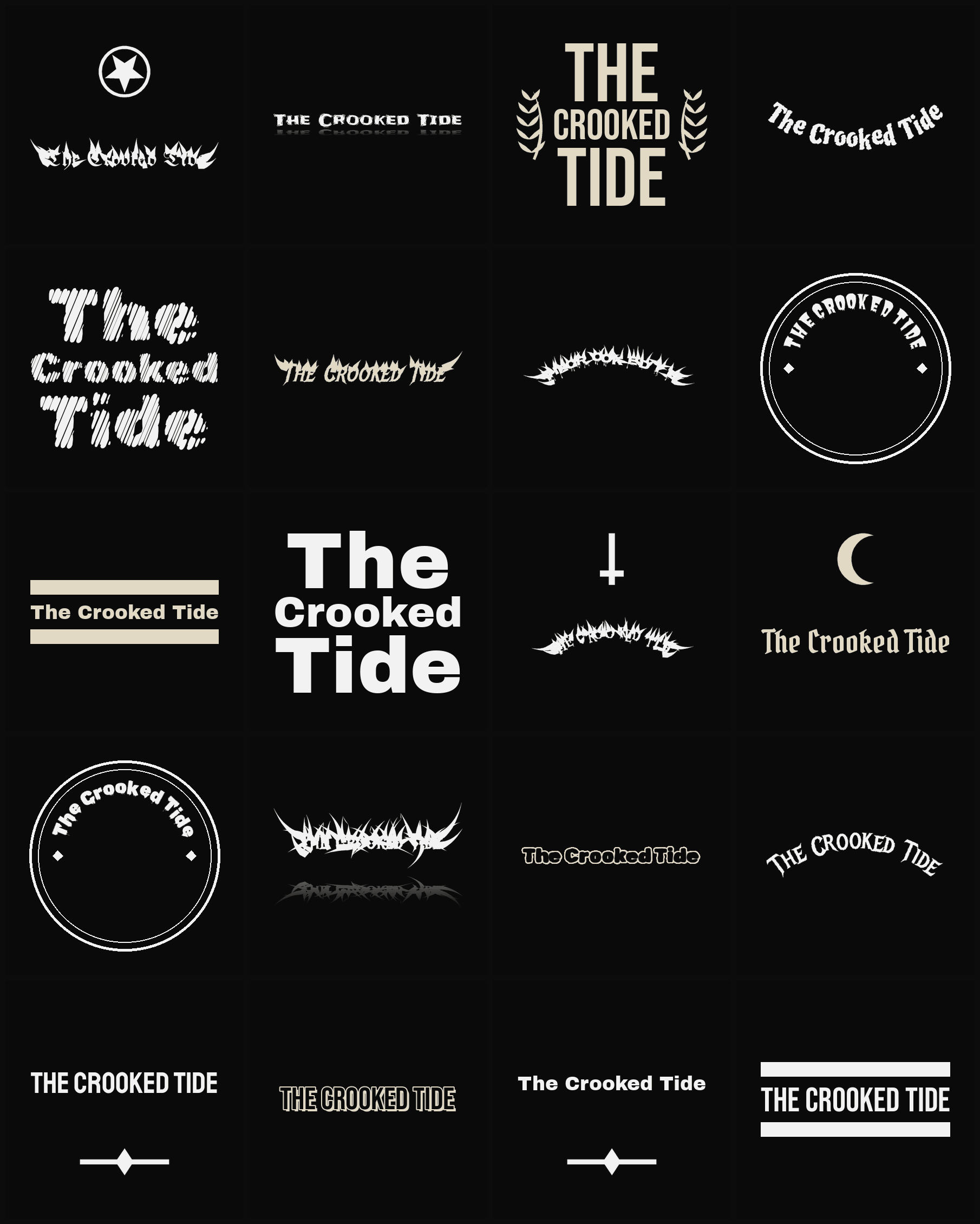 Twenty The Crooked Tide band logo ideas — different faces, treatments and spike settings