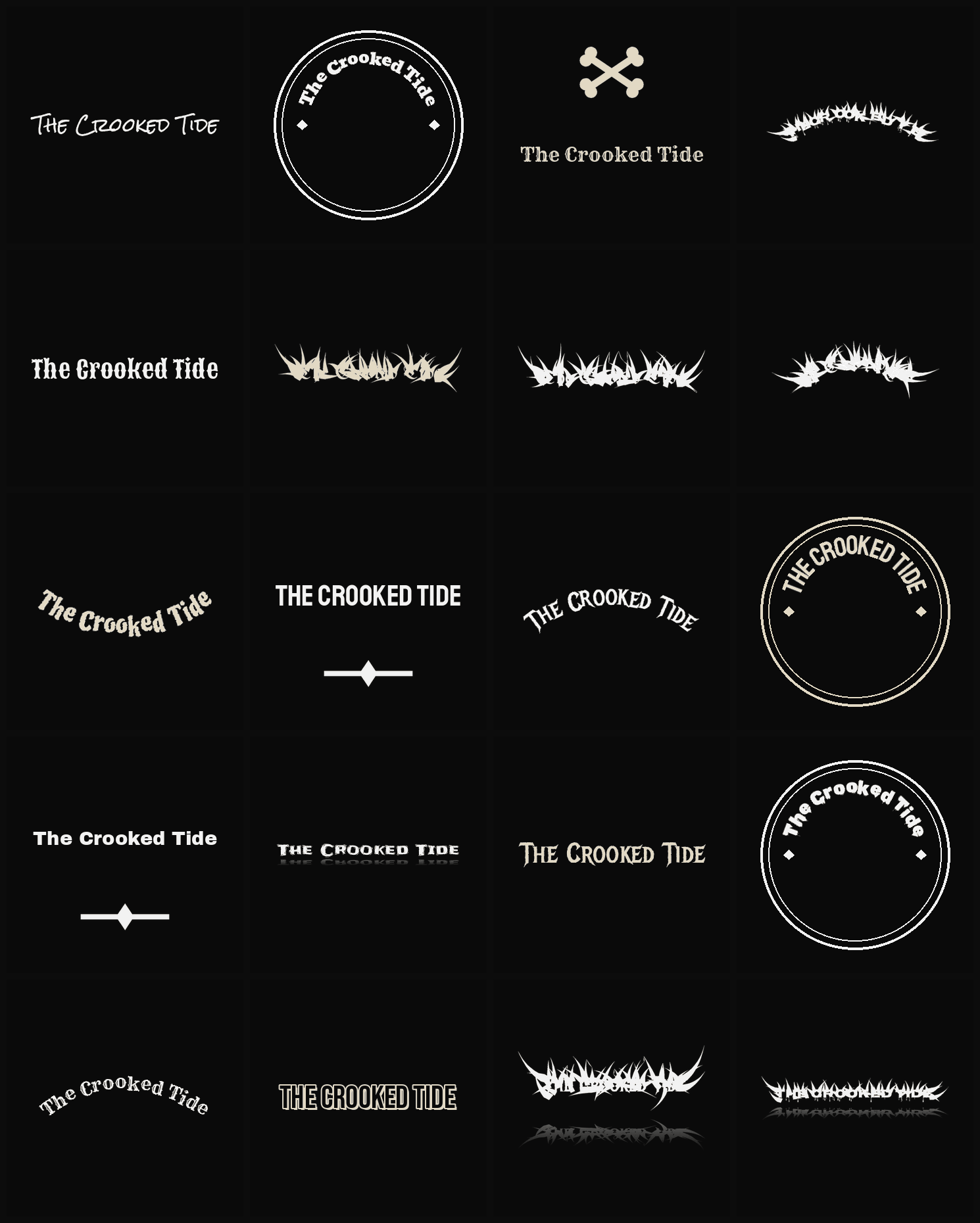 Twenty The Crooked Tide band logo ideas — different faces, treatments and spike settings