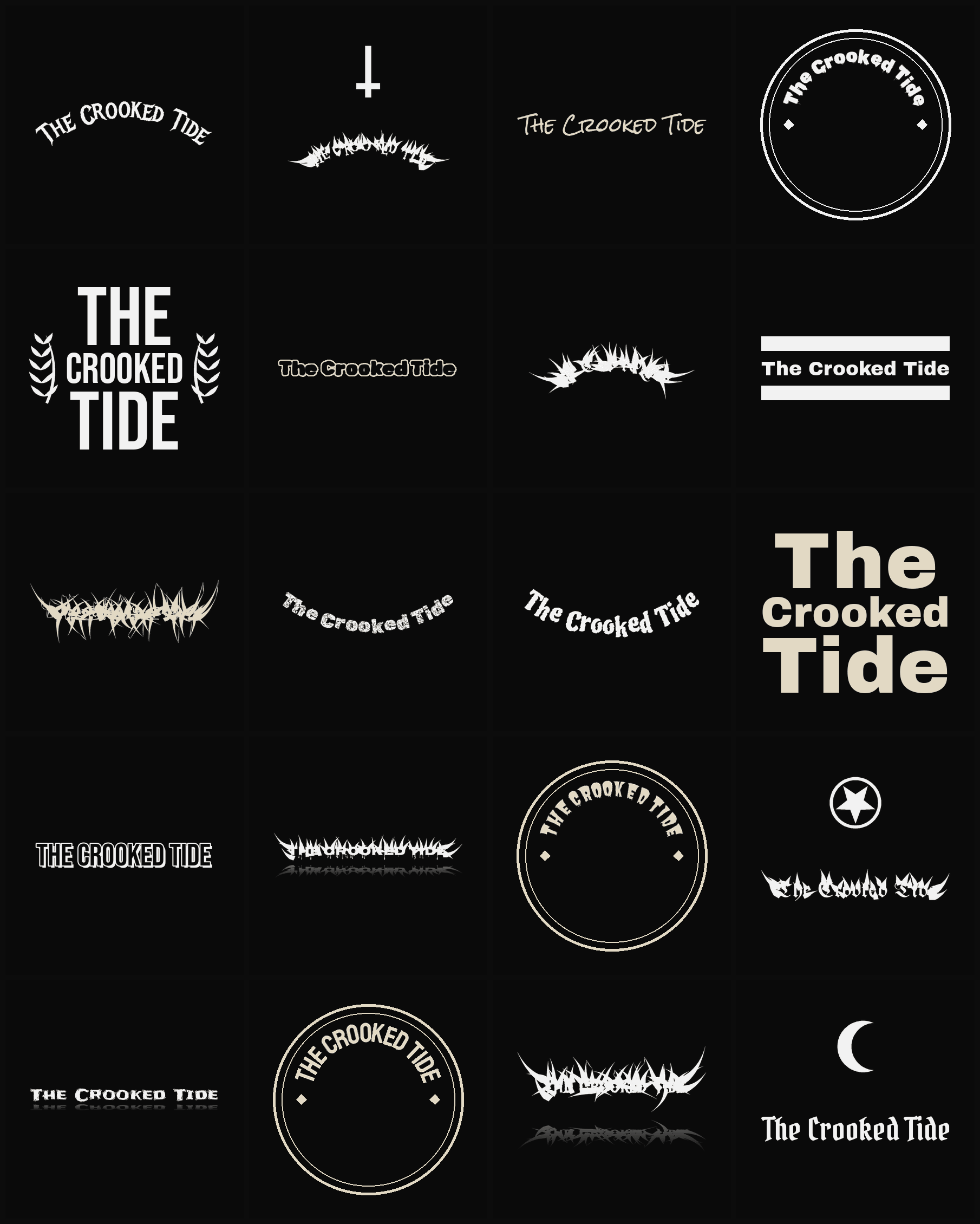 Twenty The Crooked Tide band logo ideas — different faces, treatments and spike settings