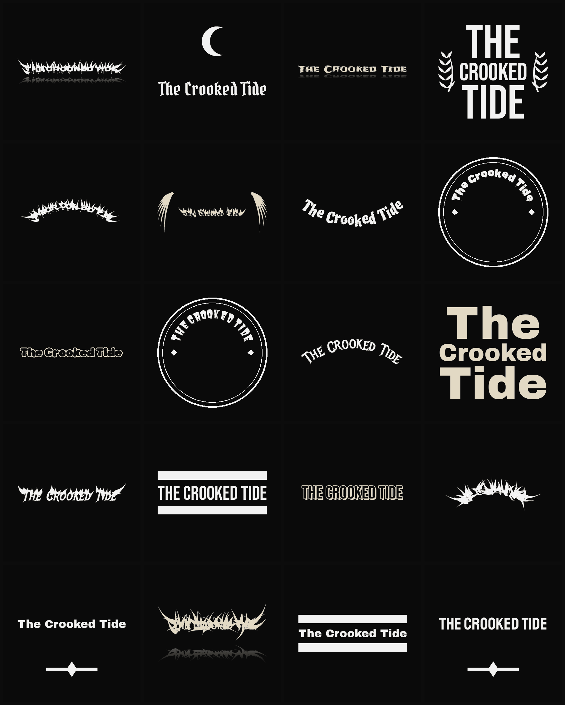 Twenty The Crooked Tide band logo ideas — different faces, treatments and spike settings