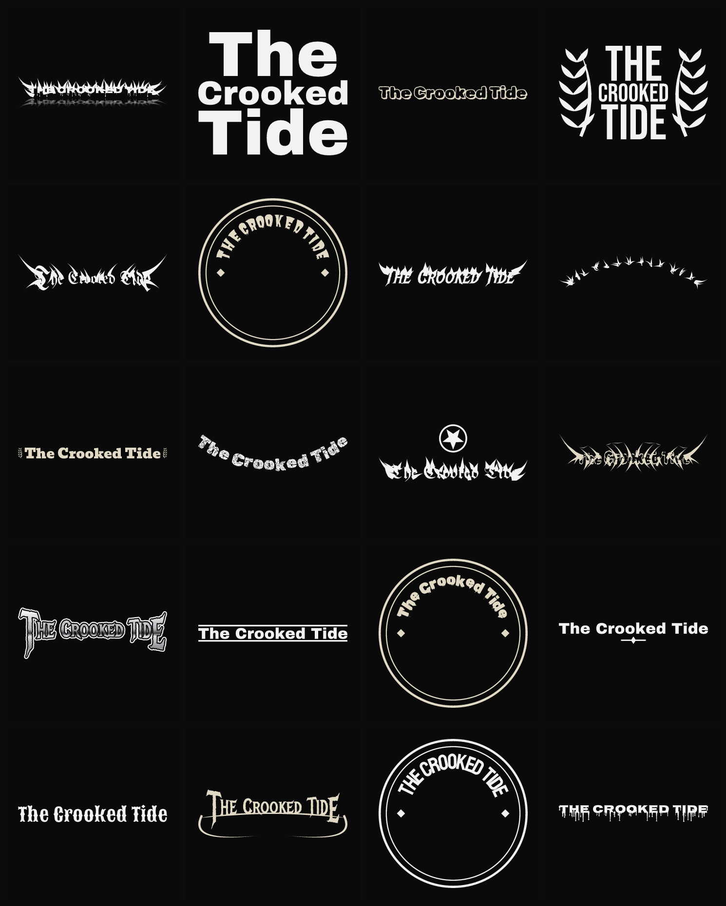 Twenty The Crooked Tide band logo ideas — different faces, treatments and spike settings