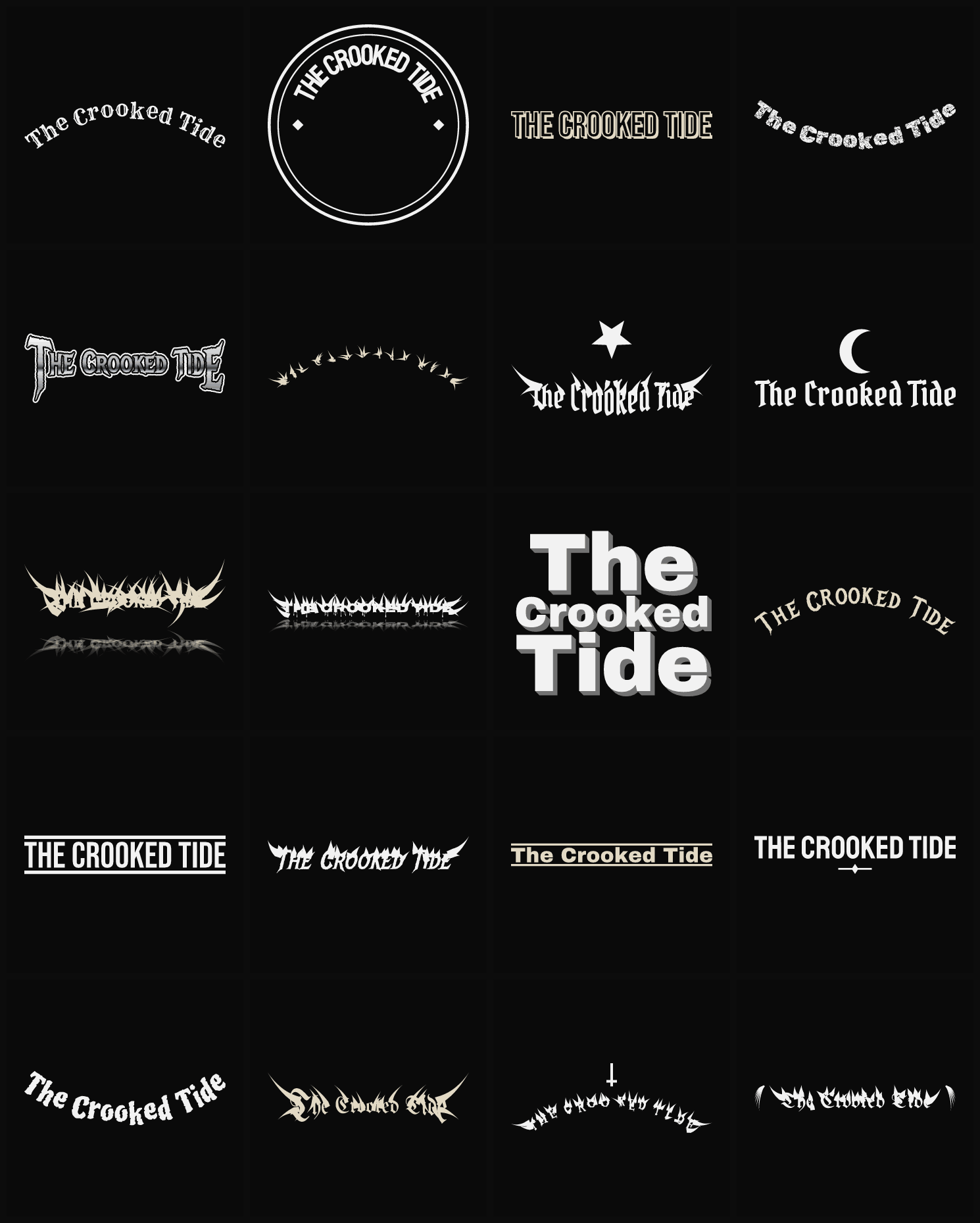 Twenty The Crooked Tide band logo ideas — different faces, treatments and spike settings