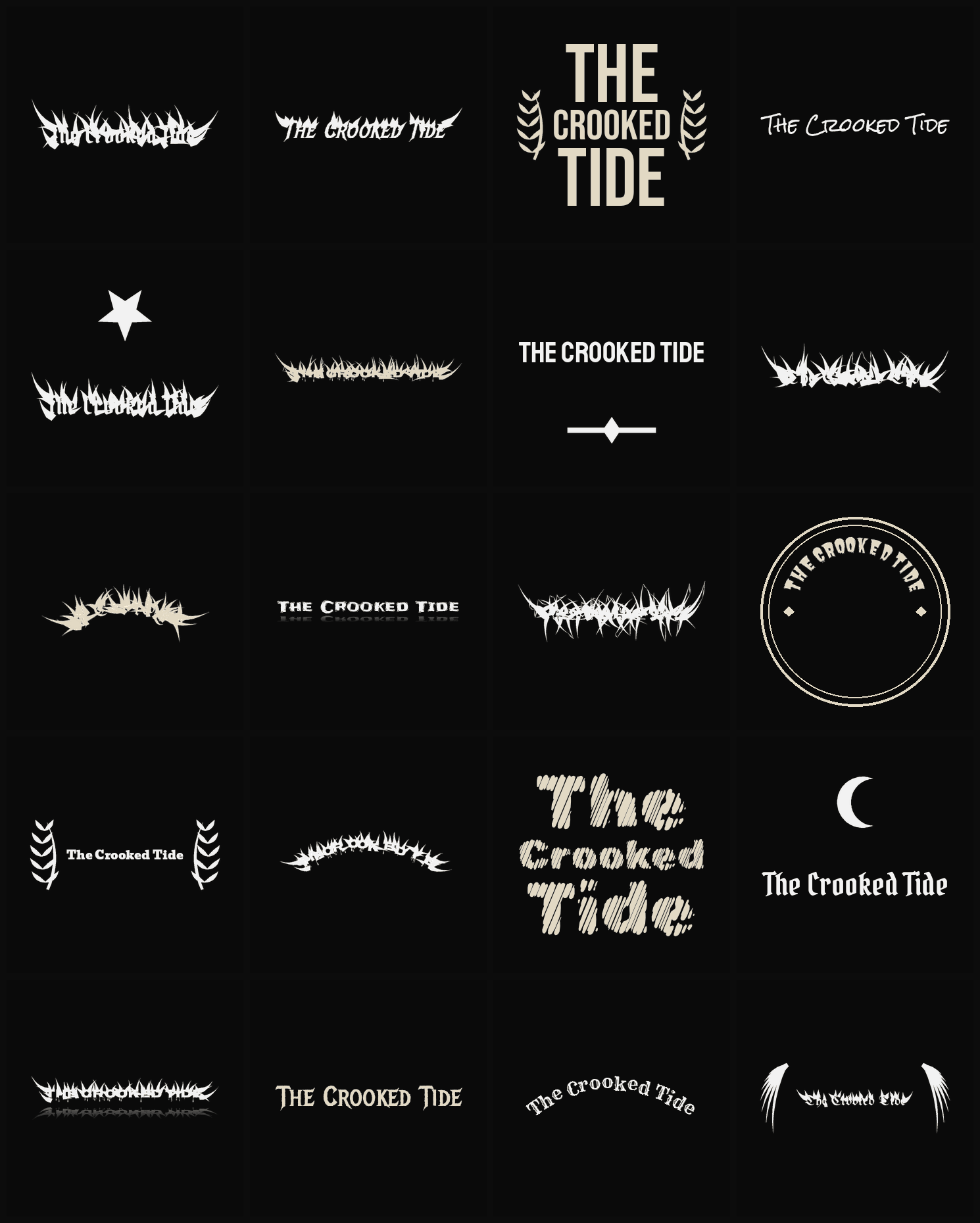Twenty The Crooked Tide band logo ideas — different faces, treatments and spike settings