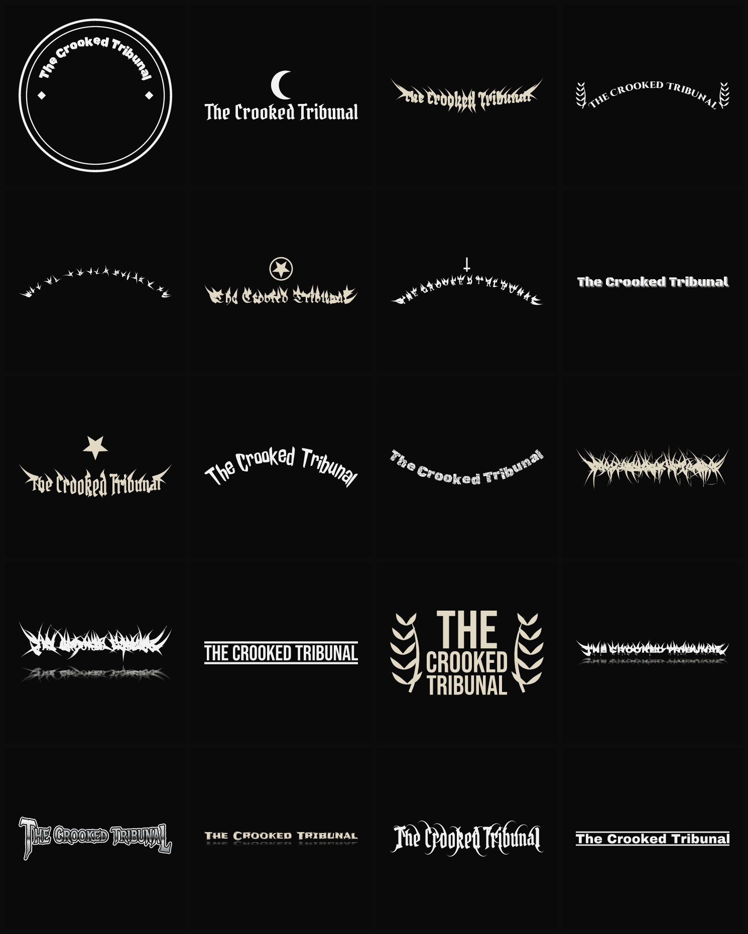 Twenty The Crooked Tribunal band logo ideas — different faces, treatments and spike settings