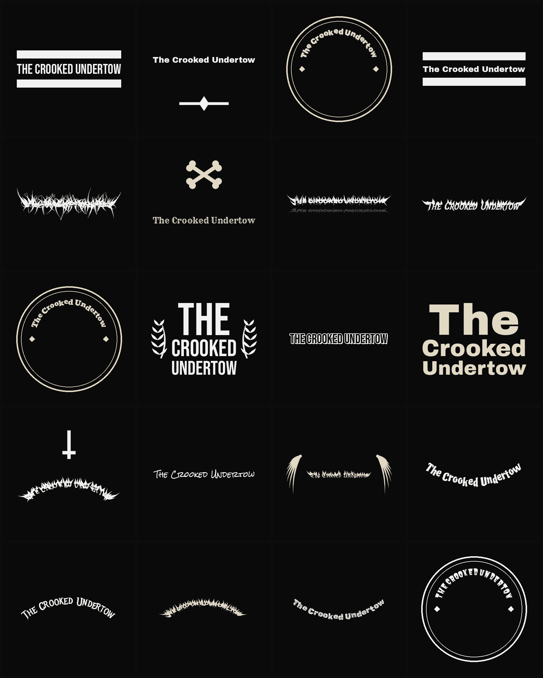 Twenty The Crooked Undertow band logo ideas — different faces, treatments and spike settings