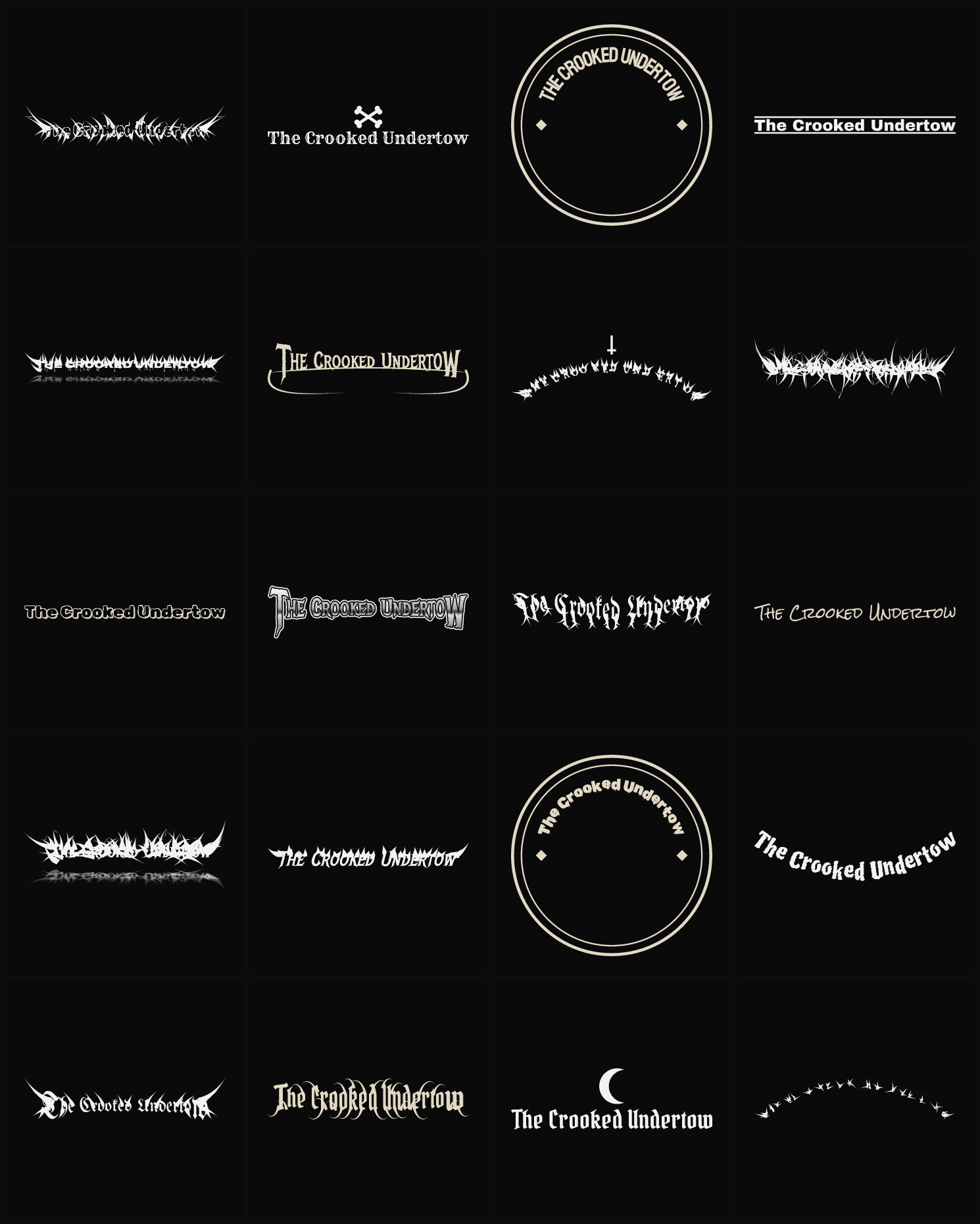 Twenty The Crooked Undertow band logo ideas — different faces, treatments and spike settings