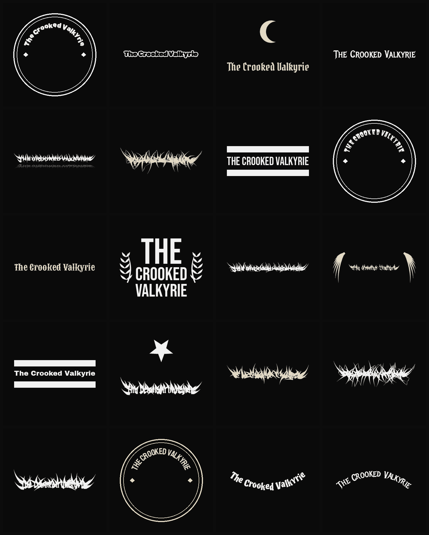 Twenty The Crooked Valkyrie band logo ideas — different faces, treatments and spike settings