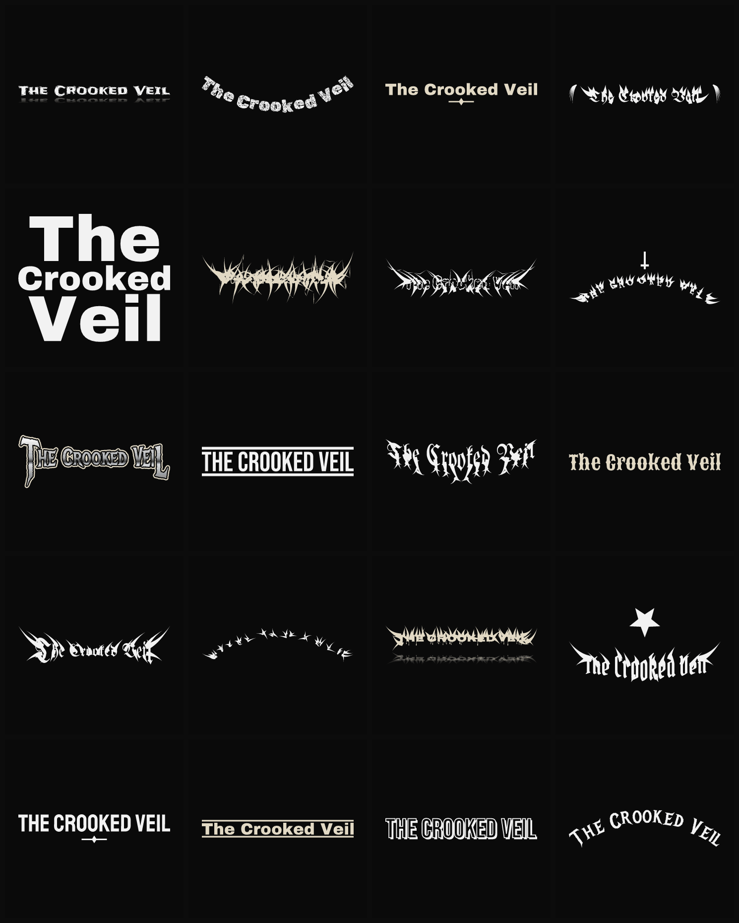 Twenty The Crooked Veil band logo ideas — different faces, treatments and spike settings