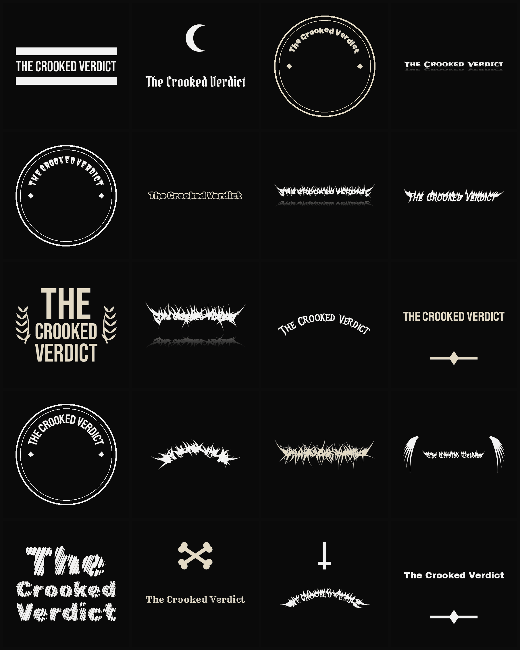 Twenty The Crooked Verdict band logo ideas — different faces, treatments and spike settings