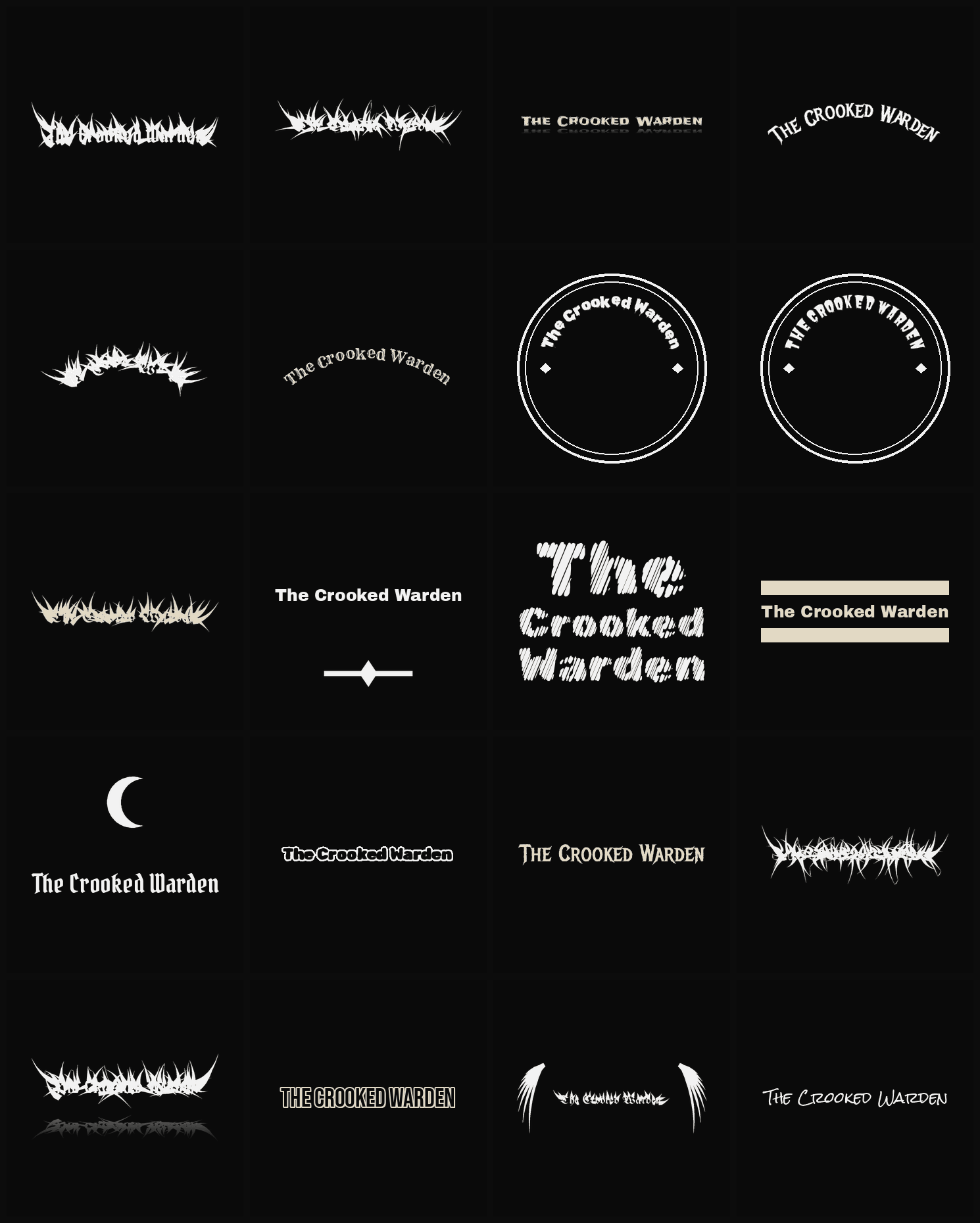 Twenty The Crooked Warden band logo ideas — different faces, treatments and spike settings