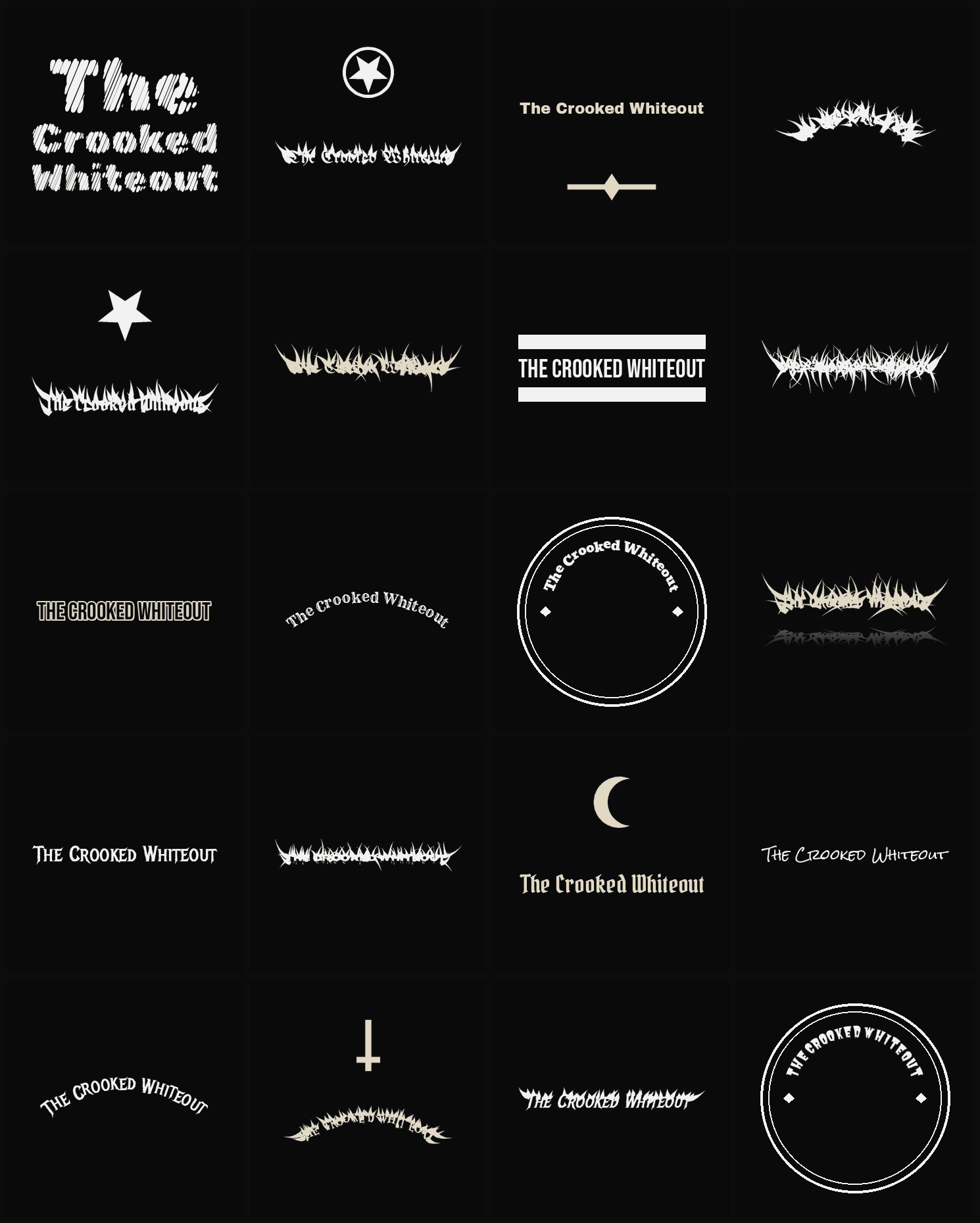 Twenty The Crooked Whiteout band logo ideas — different faces, treatments and spike settings