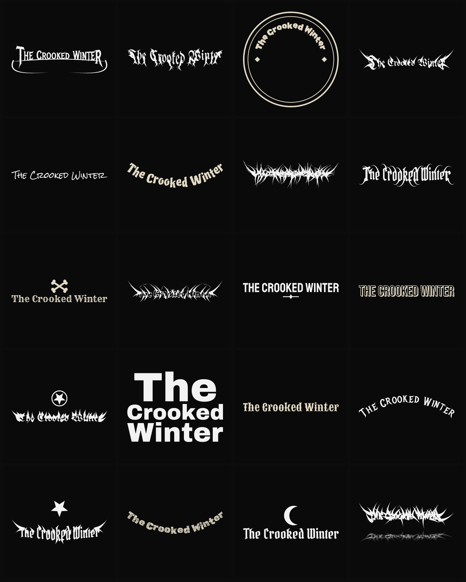 Twenty The Crooked Winter band logo ideas — different faces, treatments and spike settings
