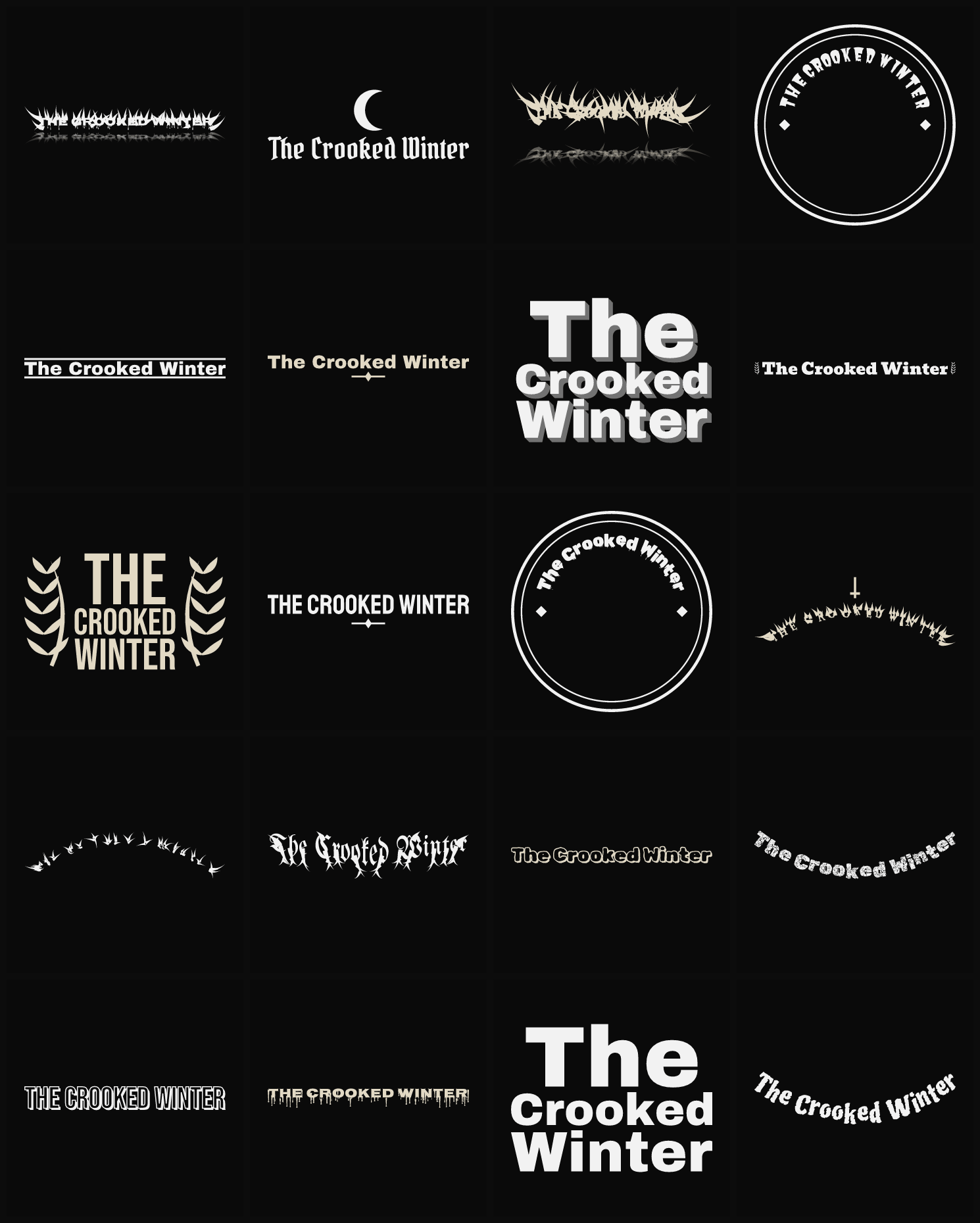 Twenty The Crooked Winter band logo ideas — different faces, treatments and spike settings
