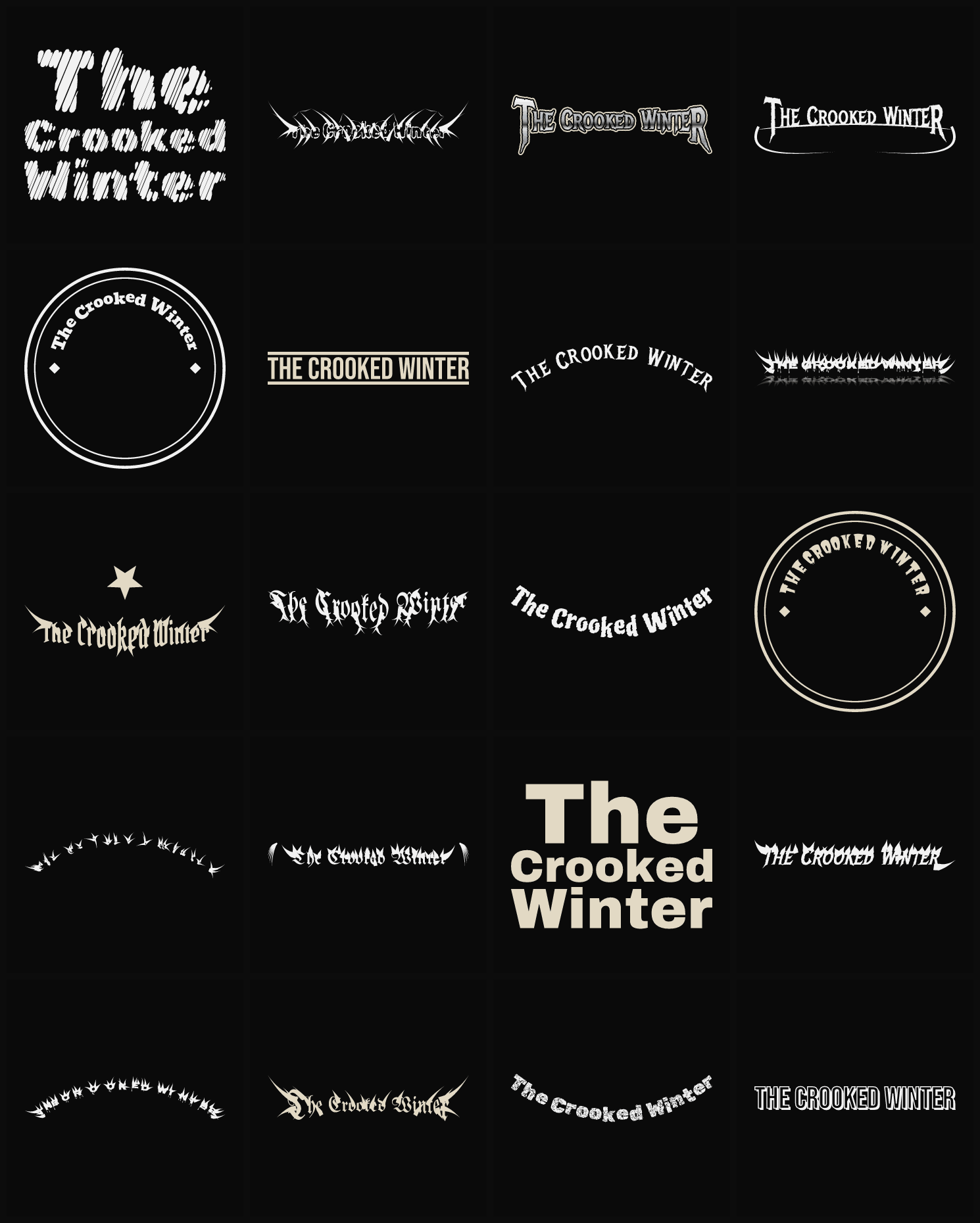 Twenty The Crooked Winter band logo ideas — different faces, treatments and spike settings