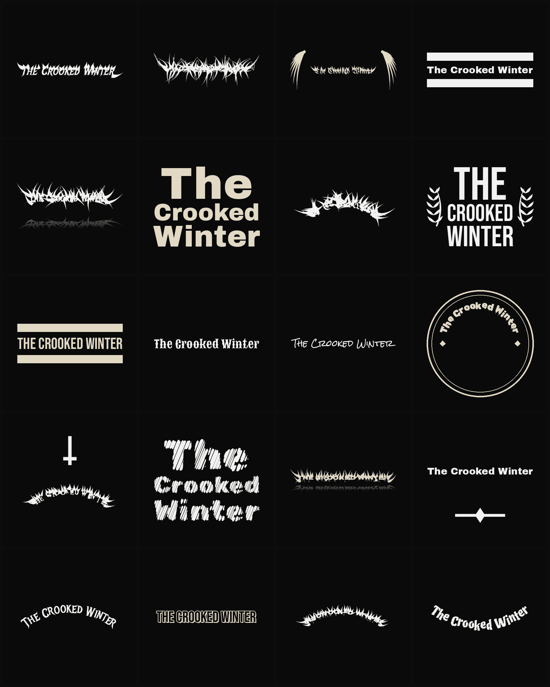 Twenty The Crooked Winter band logo ideas — different faces, treatments and spike settings