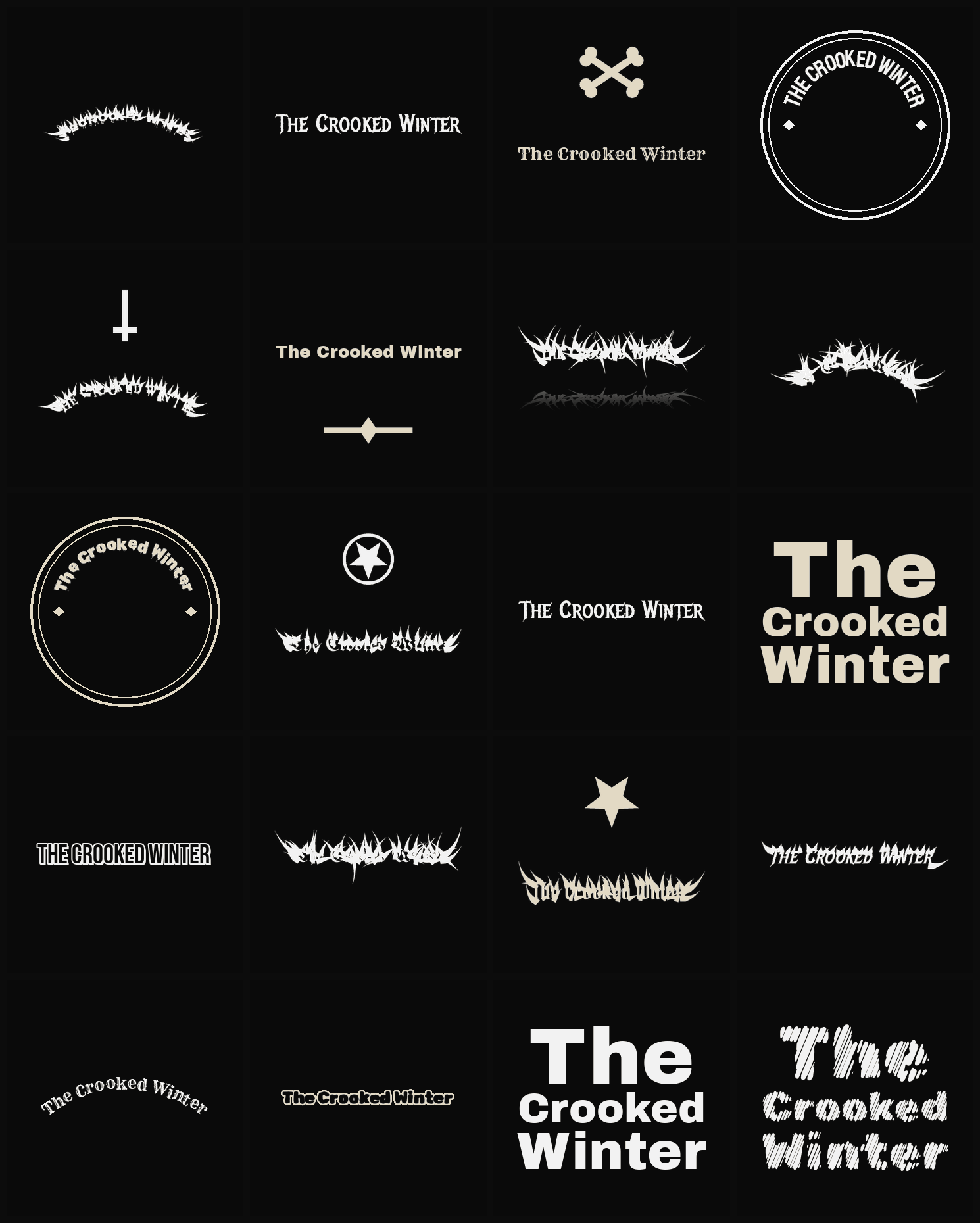 Twenty The Crooked Winter band logo ideas — different faces, treatments and spike settings