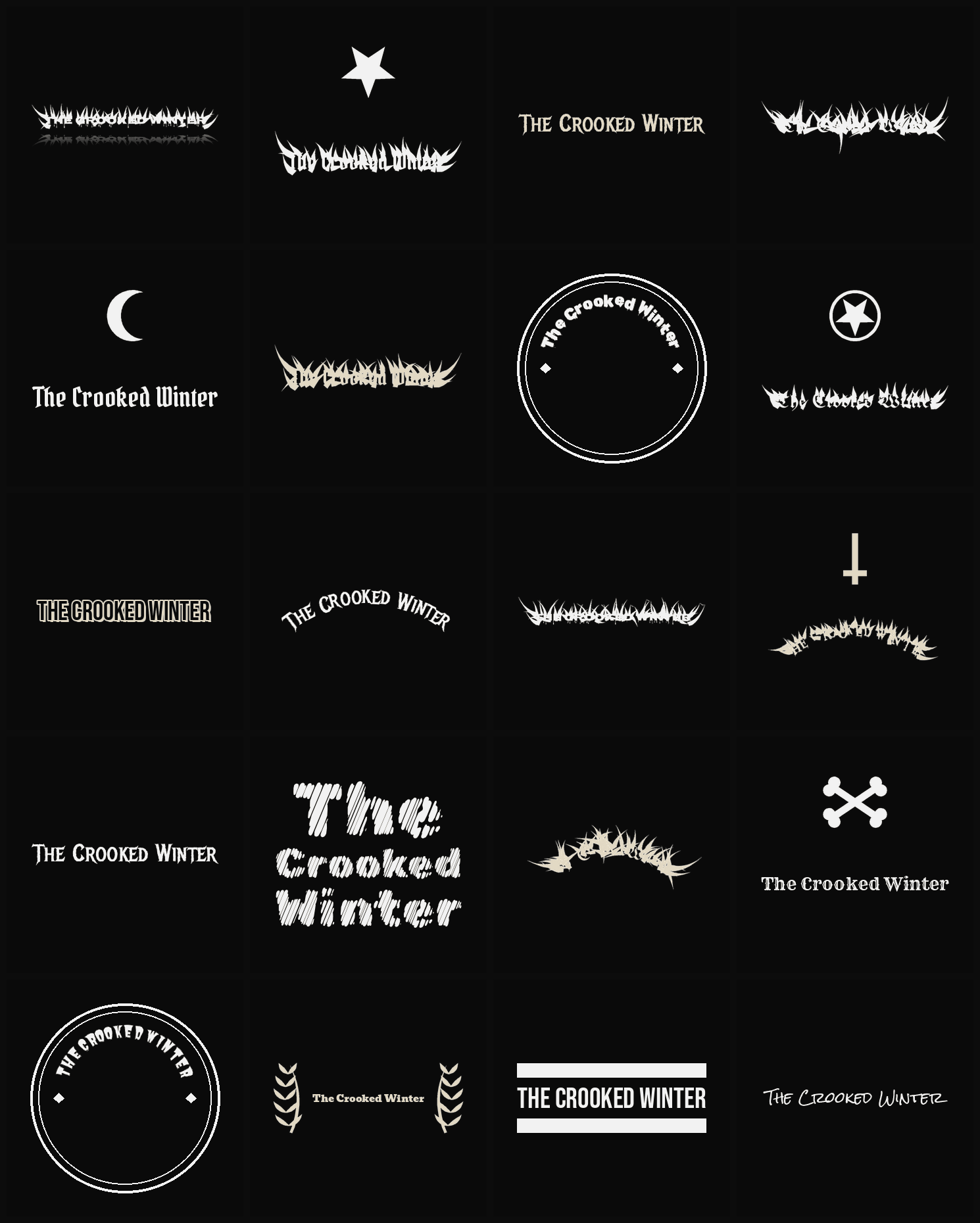 Twenty The Crooked Winter band logo ideas — different faces, treatments and spike settings