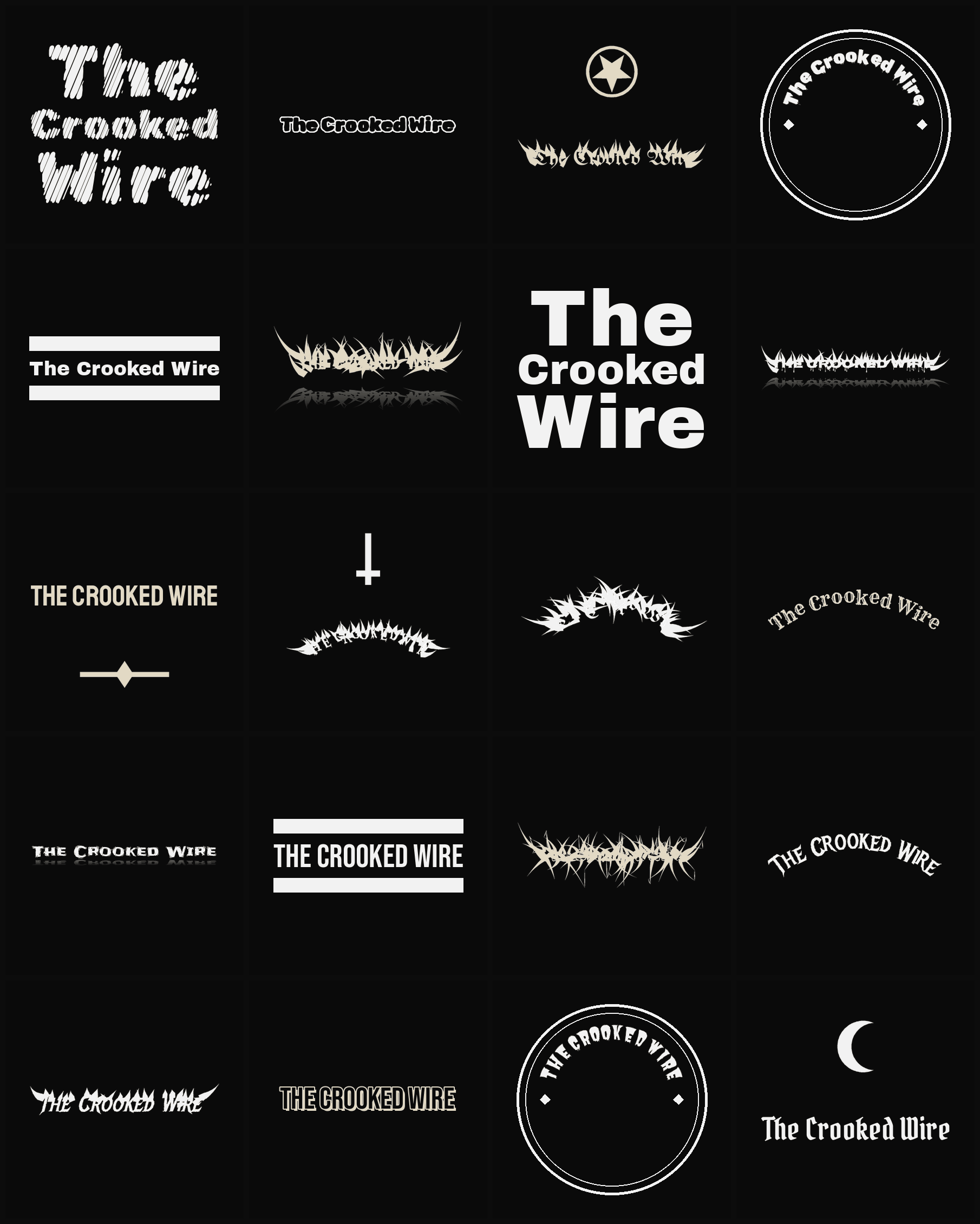 Twenty The Crooked Wire band logo ideas — different faces, treatments and spike settings